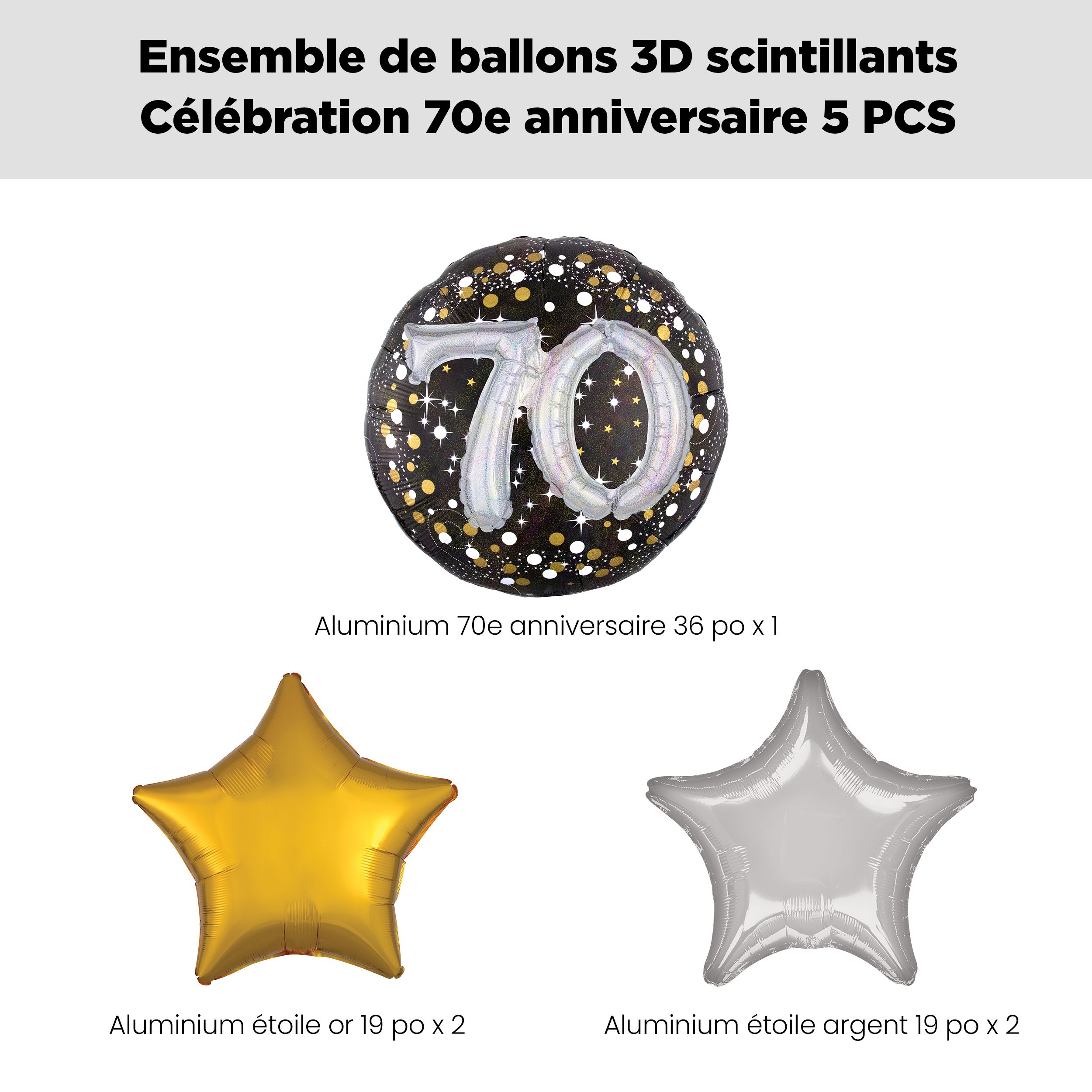 Bouquet de ballons géants 3D célébration étincelante 70 avec ballons en aluminium en forme d'étoile, doré/argenté, paq. 5, gonflage à l'hélium et ruban inclus Front_Flat