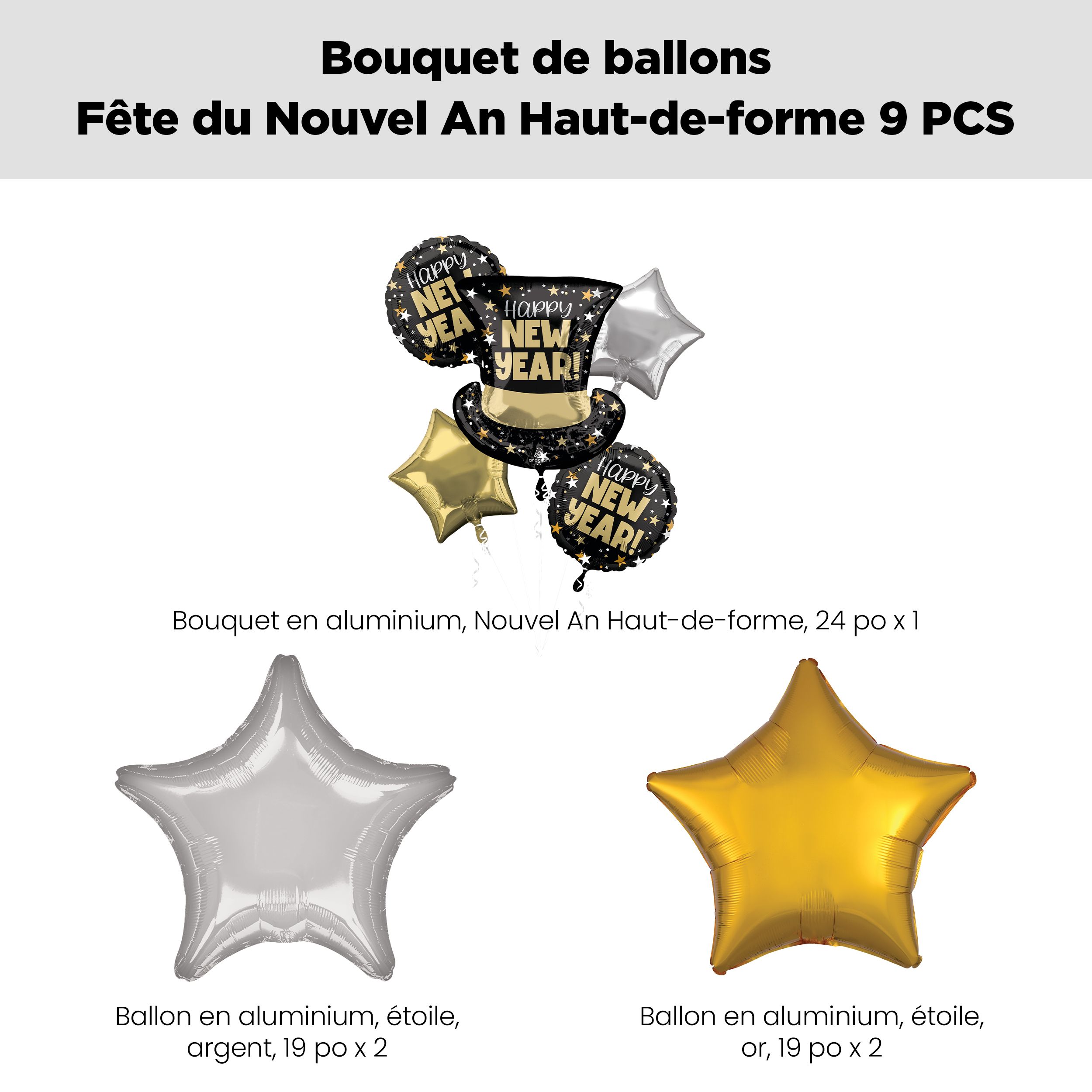 Happy New Year! Bouquet de ballon de forme extraordinaire chapeau haut de forme avec ballons en aluminium en forme d'étoile argenté/doré, paq. 9, gonflage à l'hélium et ruban inclus Front_Flat