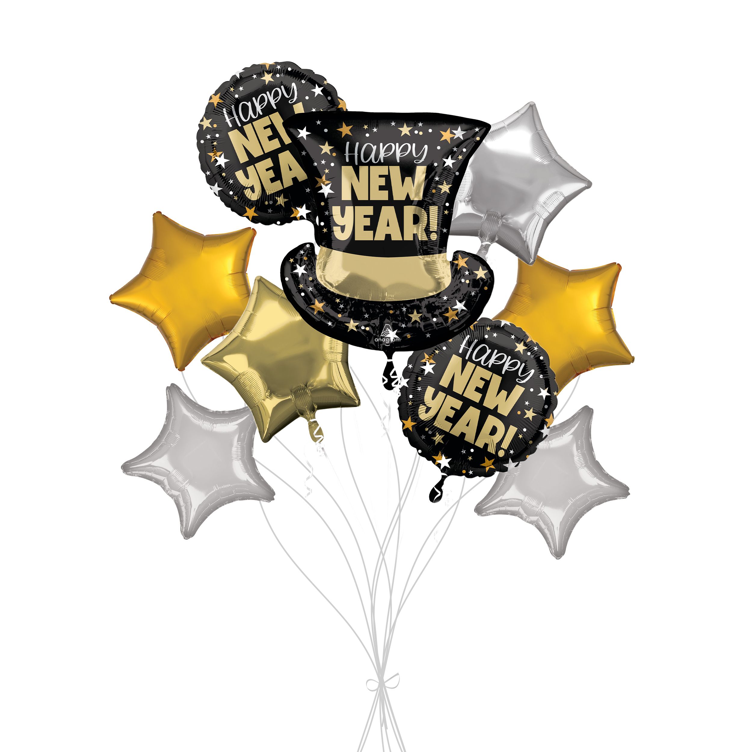 "Happy New Year!" Top Hat Bash Supershape Balloon Bouquet with Star Foil Balloons, Silver/Gold, 9-pk, Helium Inflation & Ribbon Included Front_Flat