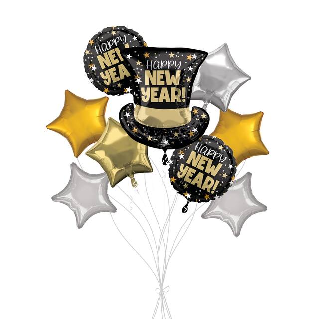 Happy New Year! Bouquet de ballon de forme extraordinaire chapeau haut de forme avec ballons en aluminium en forme d'étoile argenté/doré, paq. 9, gonflage à l'hélium et ruban inclus Front_Flat