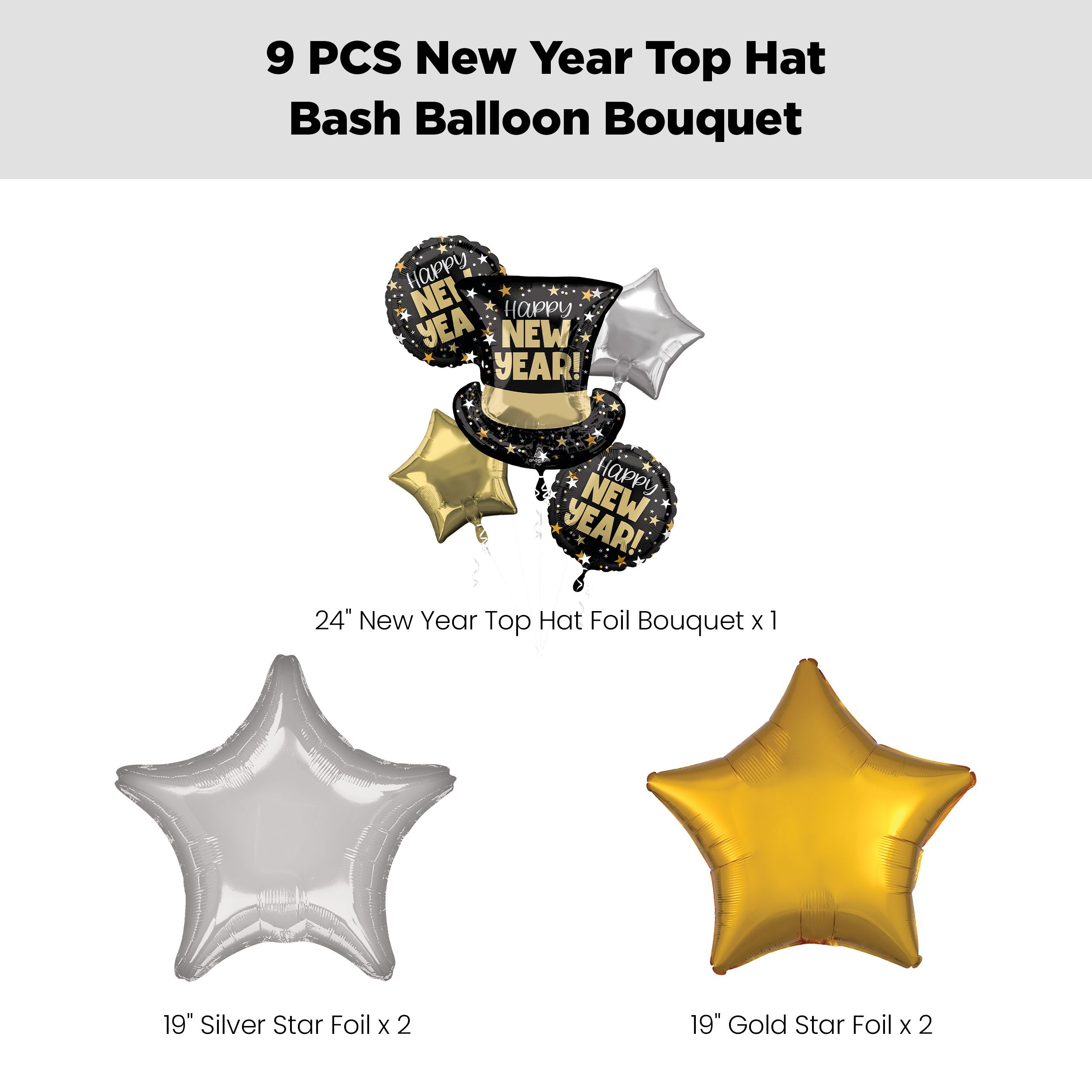 "Happy New Year!" Top Hat Bash Supershape Balloon Bouquet with Star Foil Balloons, Silver/Gold, 9-pk, Helium Inflation & Ribbon Included Front_Flat