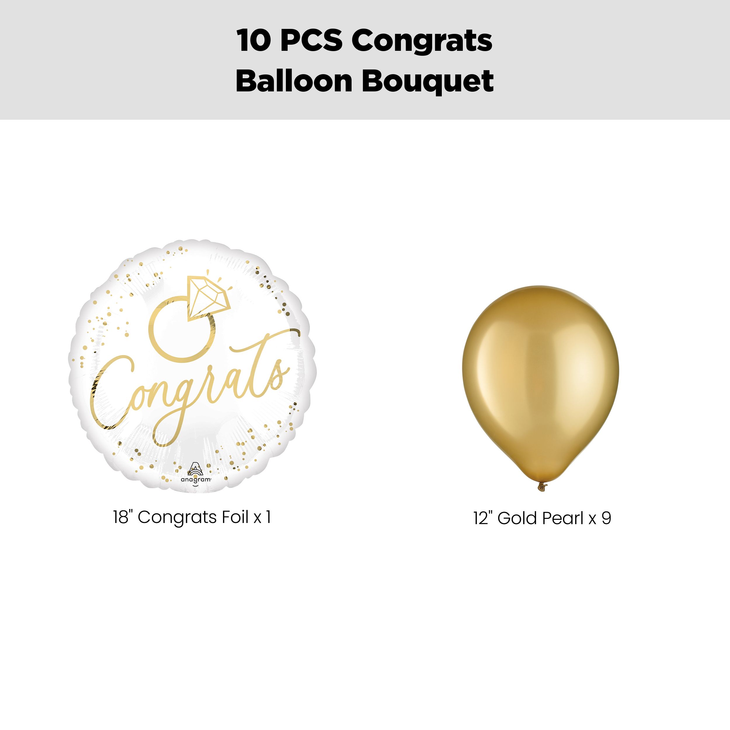 “Congrats” Wedding Balloon Bouquet with Latex Balloons, White/Gold, 10-pk, Helium Inflation & Ribbon Included for Wedding/Engagement Front_Flat