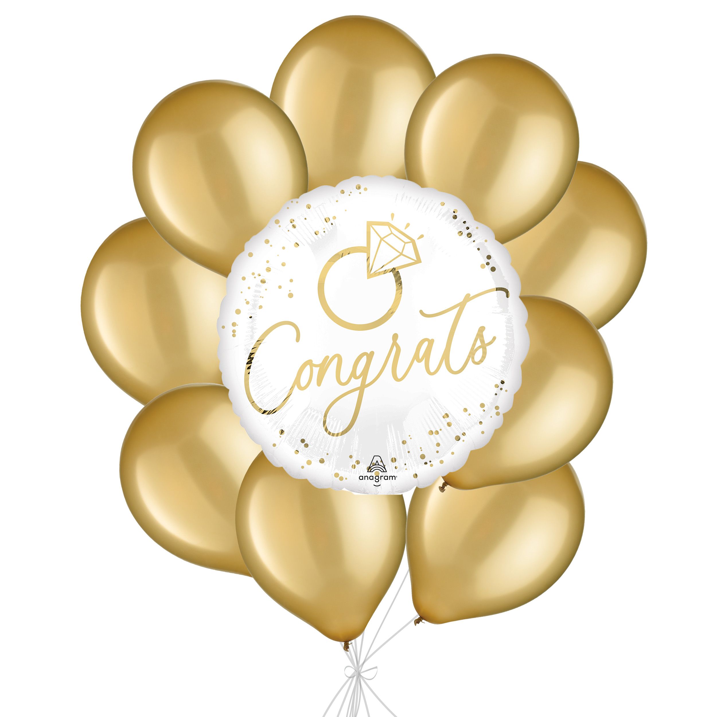 “Congrats” Wedding Balloon Bouquet with Latex Balloons, White/Gold, 10-pk, Helium Inflation & Ribbon Included for Wedding/Engagement Front_Flat