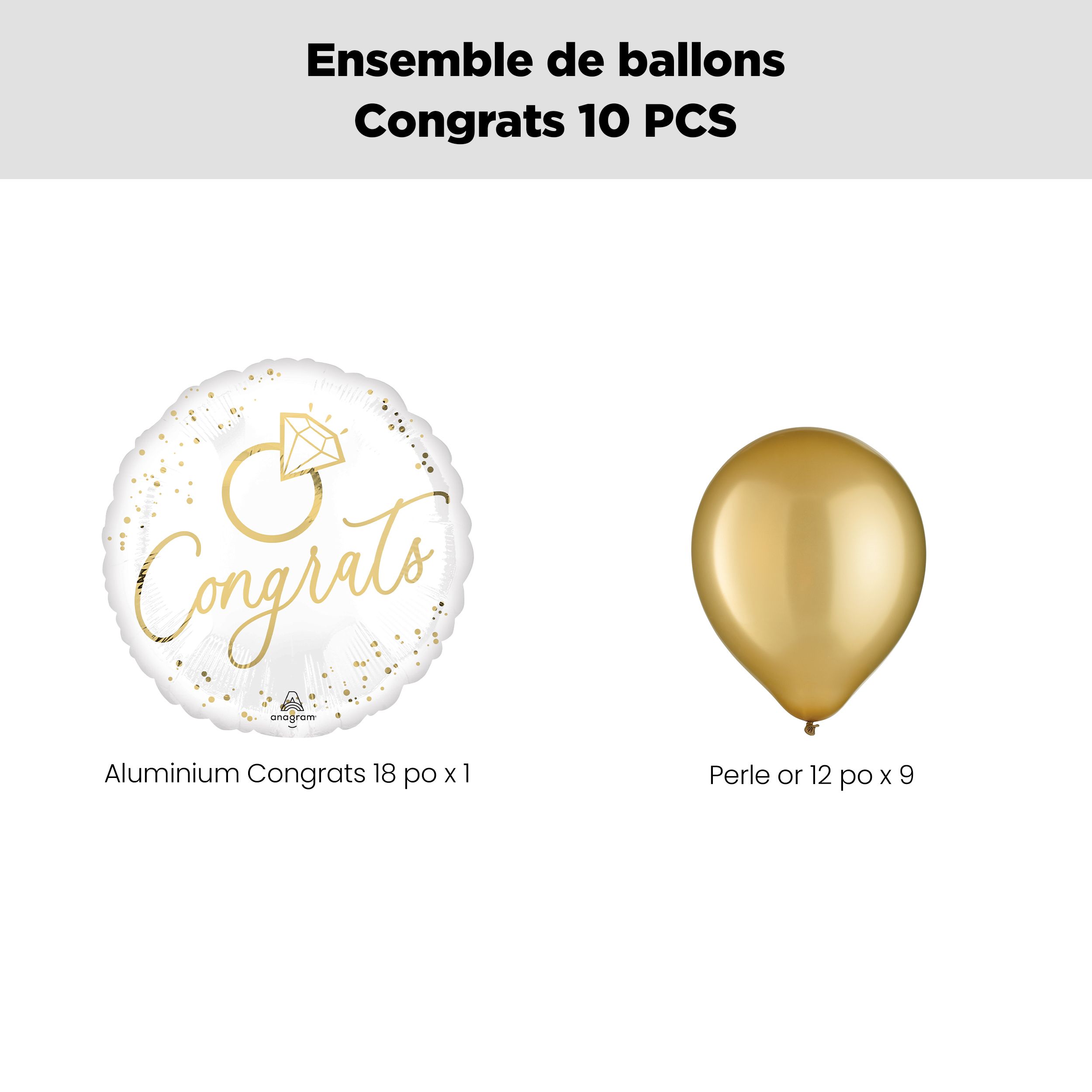 Bouquet de ballons de mariage Congrats avec ballons en latex blancs et dorés, paq. 10, gonflage à l'hélium et ruban inclus pour mariage/fiançailles Front_Flat