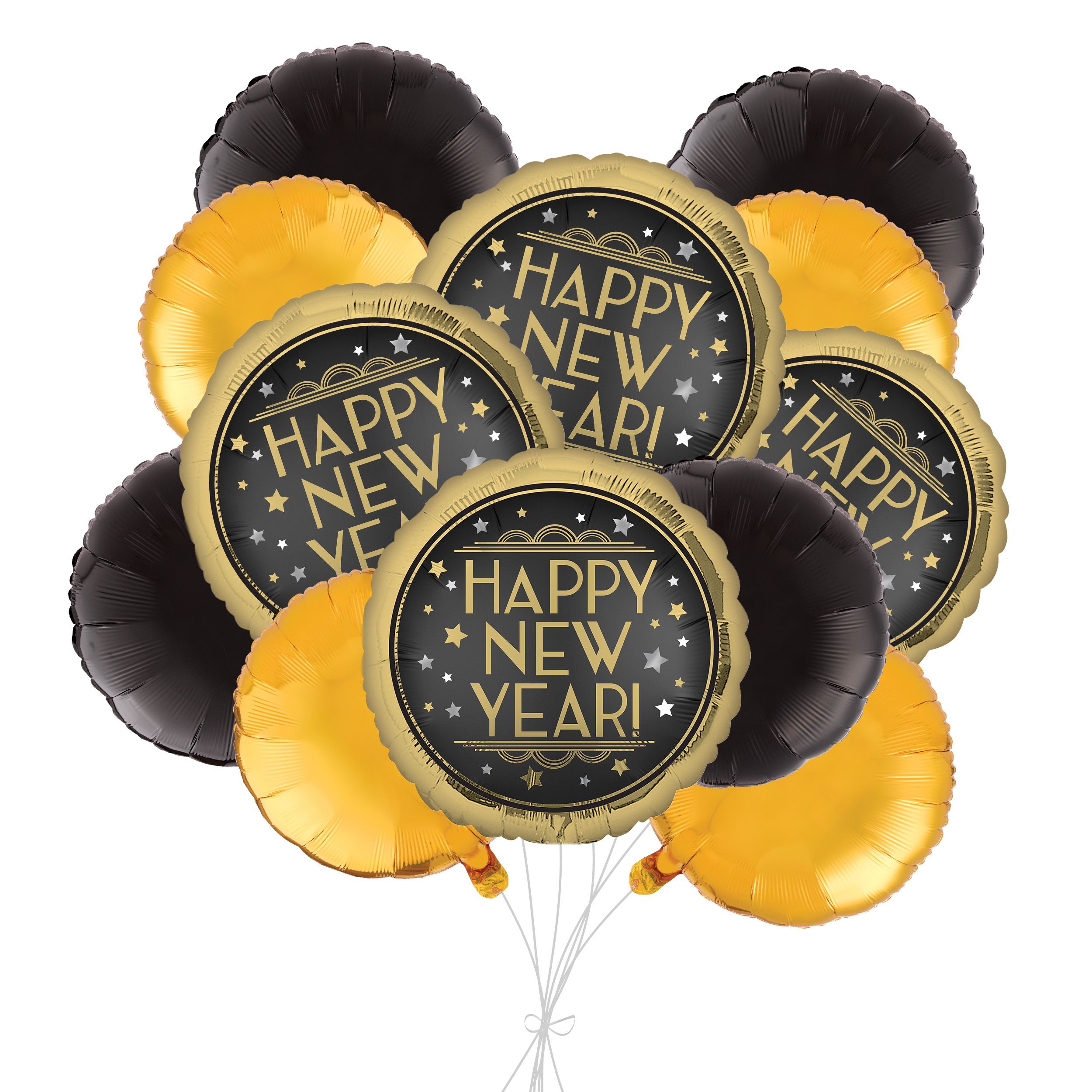 "Happy New Year" Round Satin Foil Balloon Bouquet with Foil Balloons, Gold/Black, 12-pk, Helium Inflation & Ribbon Included for New Year's Eve Front_Flat