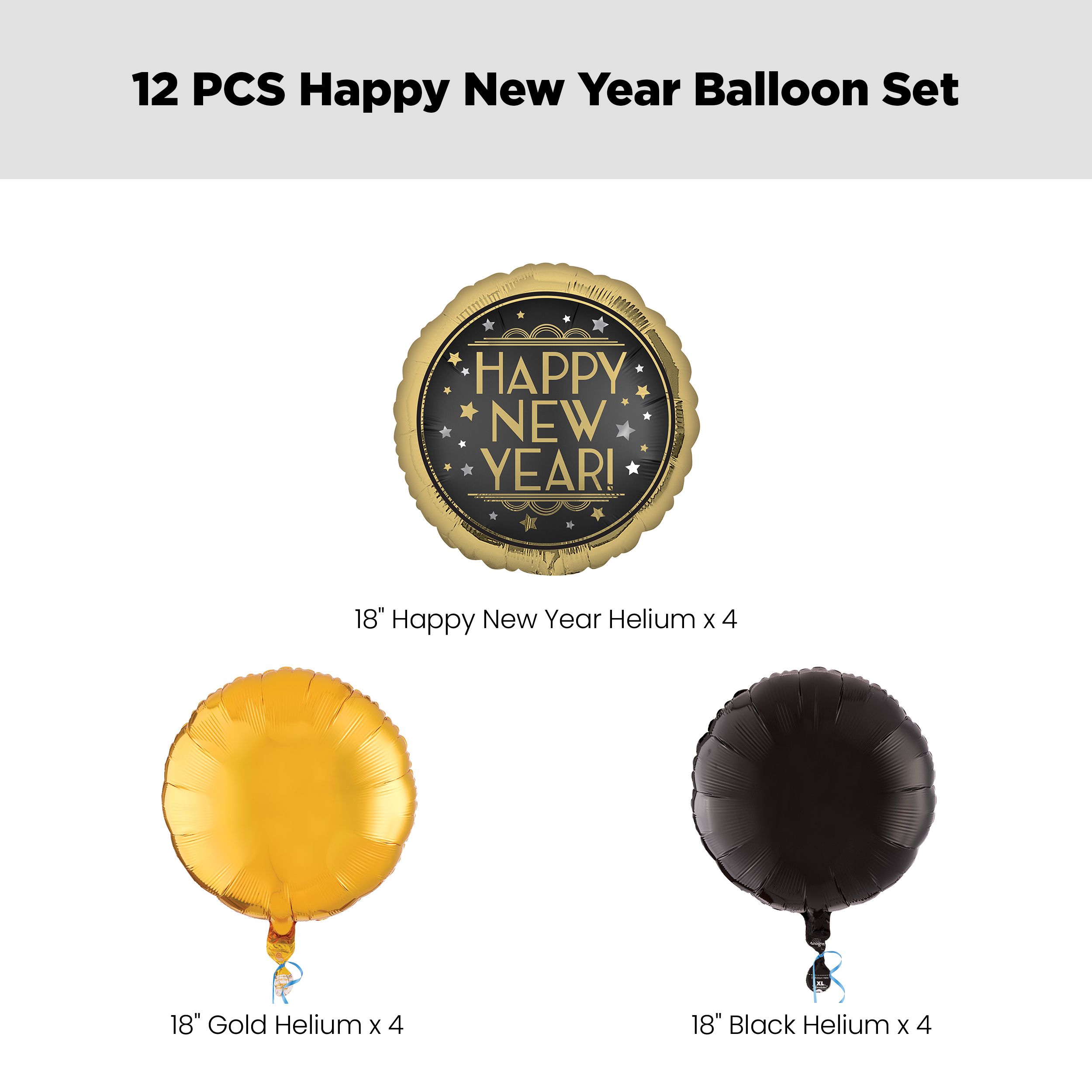 "Happy New Year" Round Satin Foil Balloon Bouquet with Foil Balloons, Gold/Black, 12-pk, Helium Inflation & Ribbon Included for New Year's Eve Front_Flat