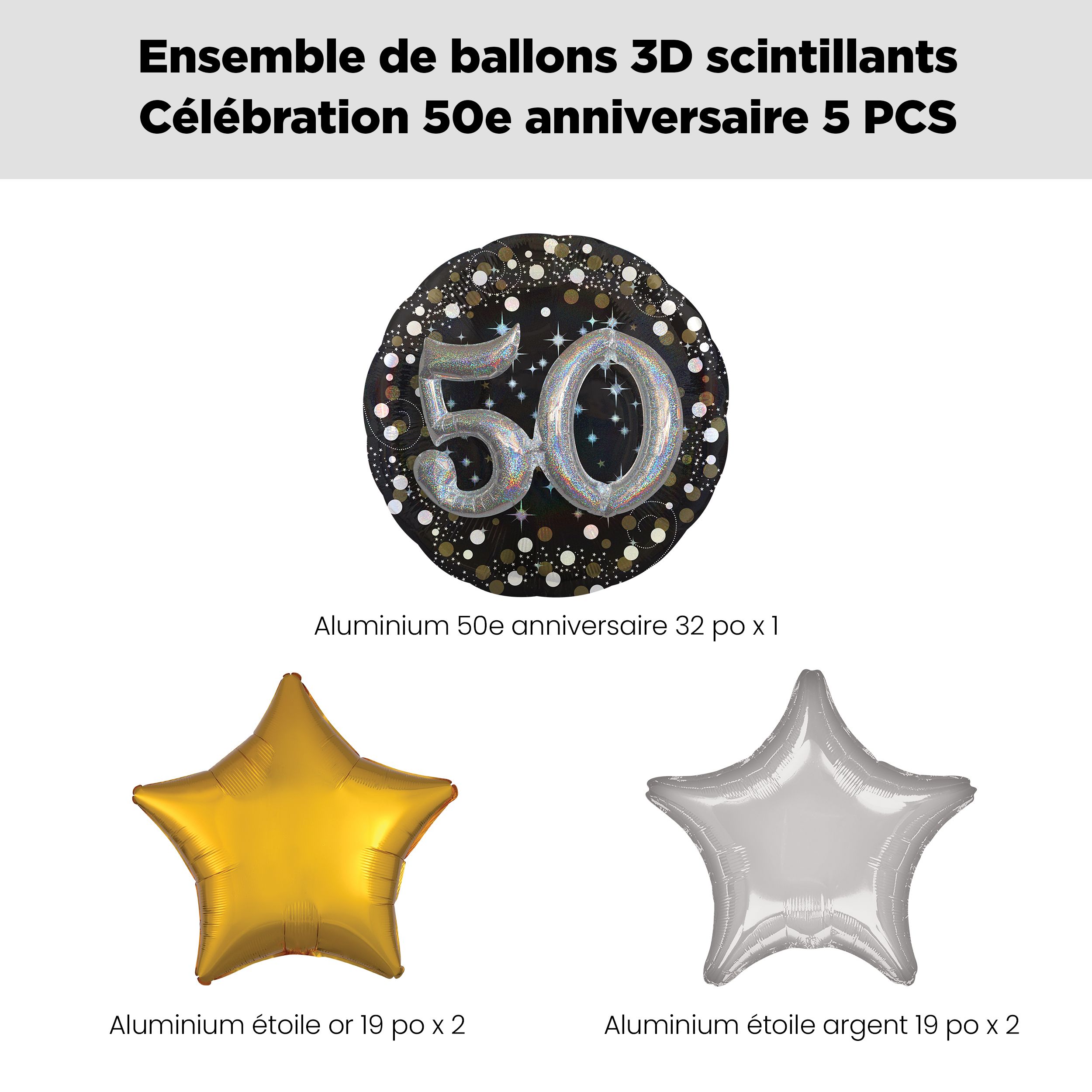 Bouquet de ballons géants 3D célébration étincelante 50 avec ballons en aluminium en forme d'étoile, doré/argenté, paq. 5, gonflage à l'hélium et ruban inclus Front_Flat