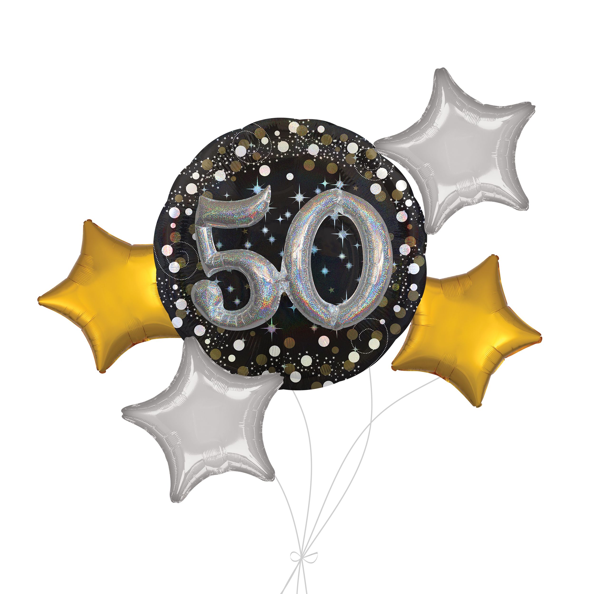 "50" 3D Sparkling Birthday Jumbo Balloon Bouquet with Star Foil Balloons, Gold/Silver, 5-pk, Helium Inflation & Ribbon Included Front_Flat