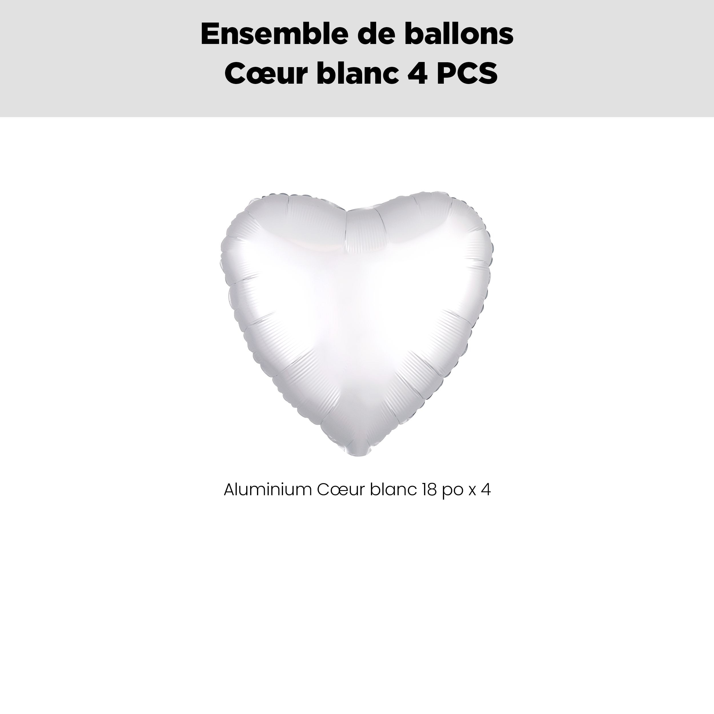 Bouquet de ballons en aluminium en forme de cœur, blanc, paq.&nbsp;4, gonflage à l'hélium et ruban inclus pour anniversaire ou occasion spéciale Front_Flat