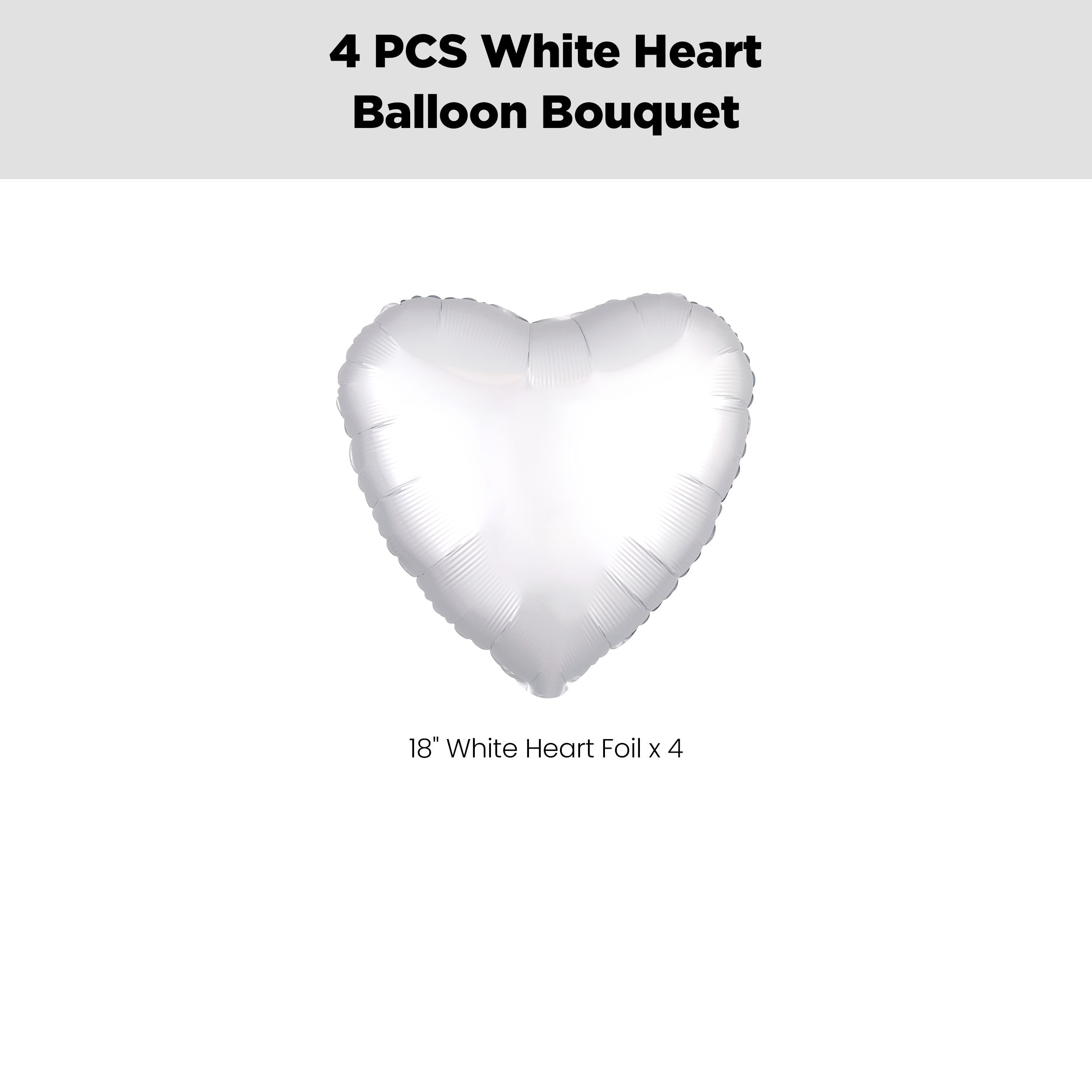 Heart Foil Balloon Bouquet, White, 4-pk, Helium Inflation & Ribbon Included for Birthday/Special Occasion Front_Flat