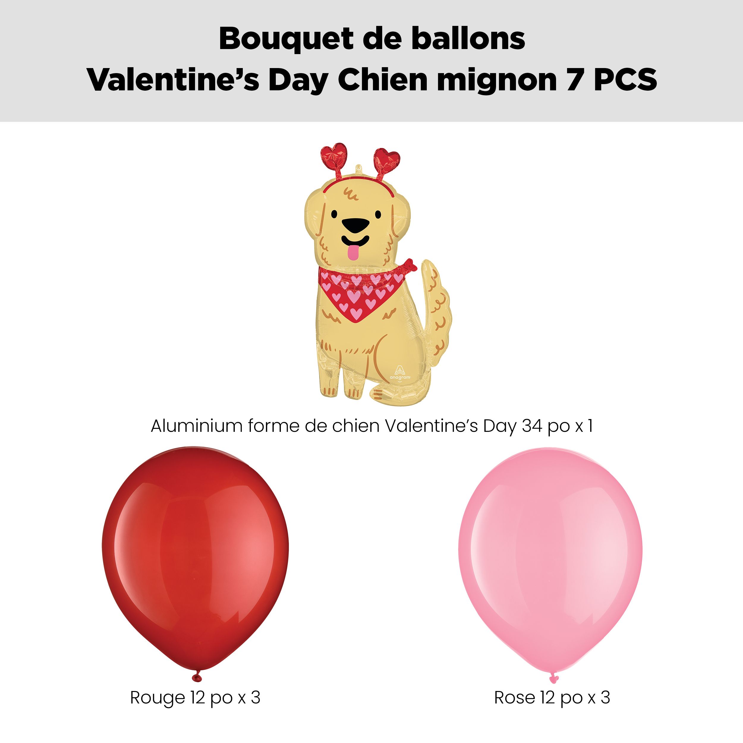 Bouquet de ballons de forme extraordinaire chien trop mignon Happy Valentine's Day avec ballons en latex rouges et roses, paq. 7, gonflage à l'hélium et ruban compris Front_Flat