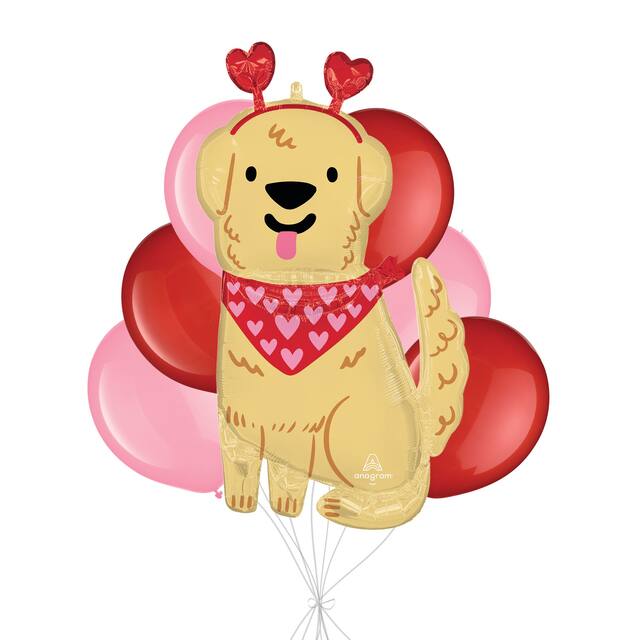 Bouquet de ballons de forme extraordinaire chien trop mignon Happy Valentine's Day avec ballons en latex rouges et roses, paq. 7, gonflage à l'hélium et ruban compris Front_Flat