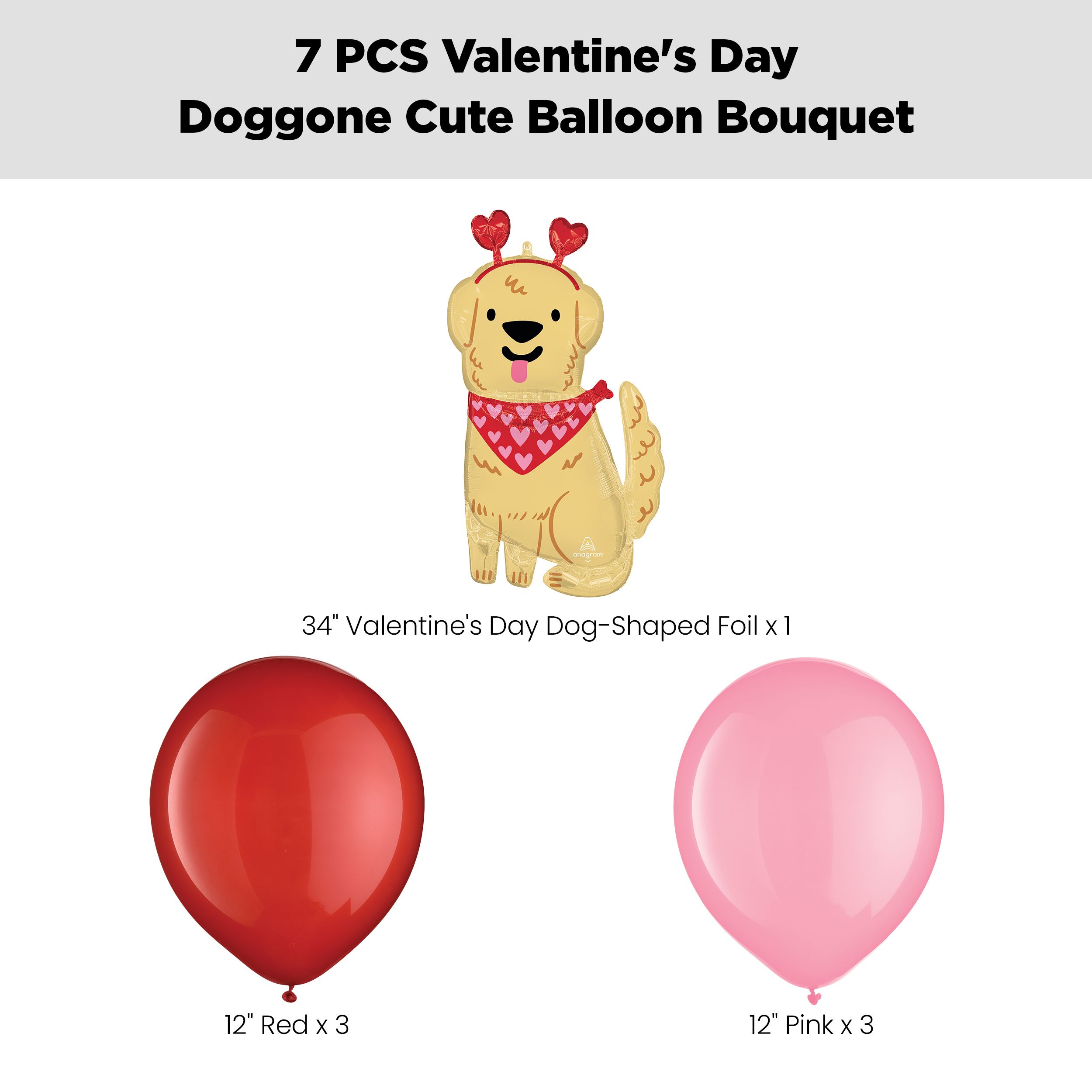 Valentine's Day Doggone Cute Supershape Balloon Bouquet with Latex Balloons, Red/Pink, 7-pk, Helium Inflation & Ribbon Included Front_Flat