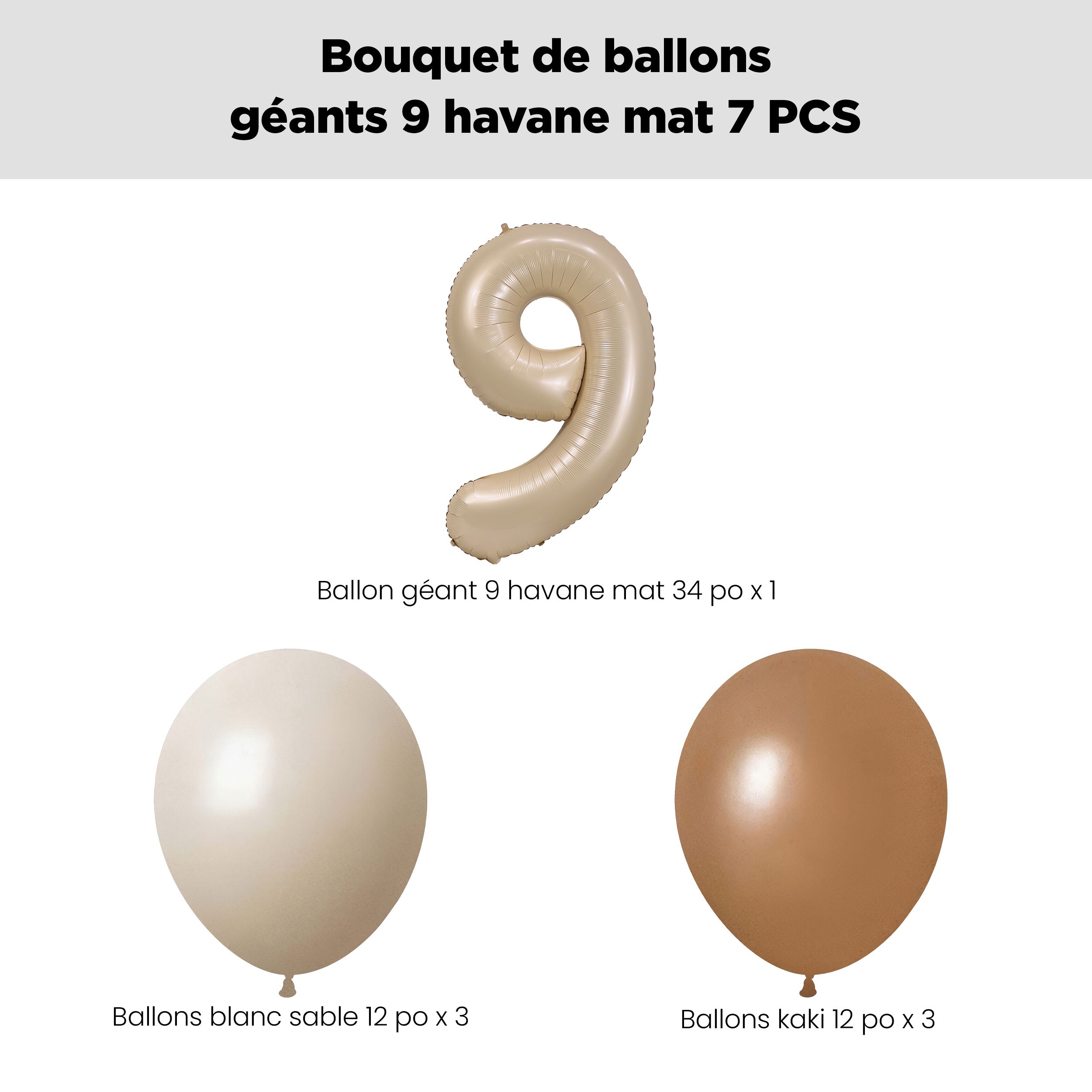 Bouquet de ballons avec ballon Supershape en forme du chiffre&nbsp;9, havane mat, et ballons en latex, sable blanc et kaki, paq. 7, gonflage à l’hélium et ruban compris, pour anniversaire/occasion spéciale Front_Flat