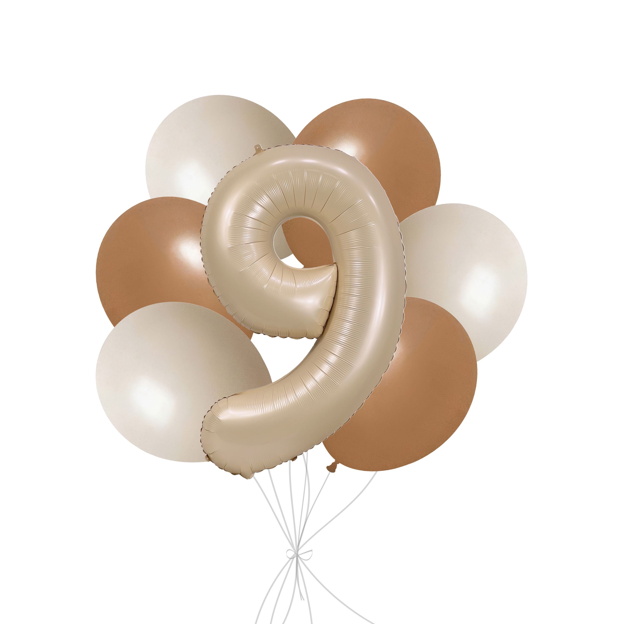 Bouquet de ballons avec ballon Supershape en forme du chiffre&nbsp;9, havane mat, et ballons en latex, sable blanc et kaki, paq. 7, gonflage à l’hélium et ruban compris, pour anniversaire/occasion spéciale Front_Flat