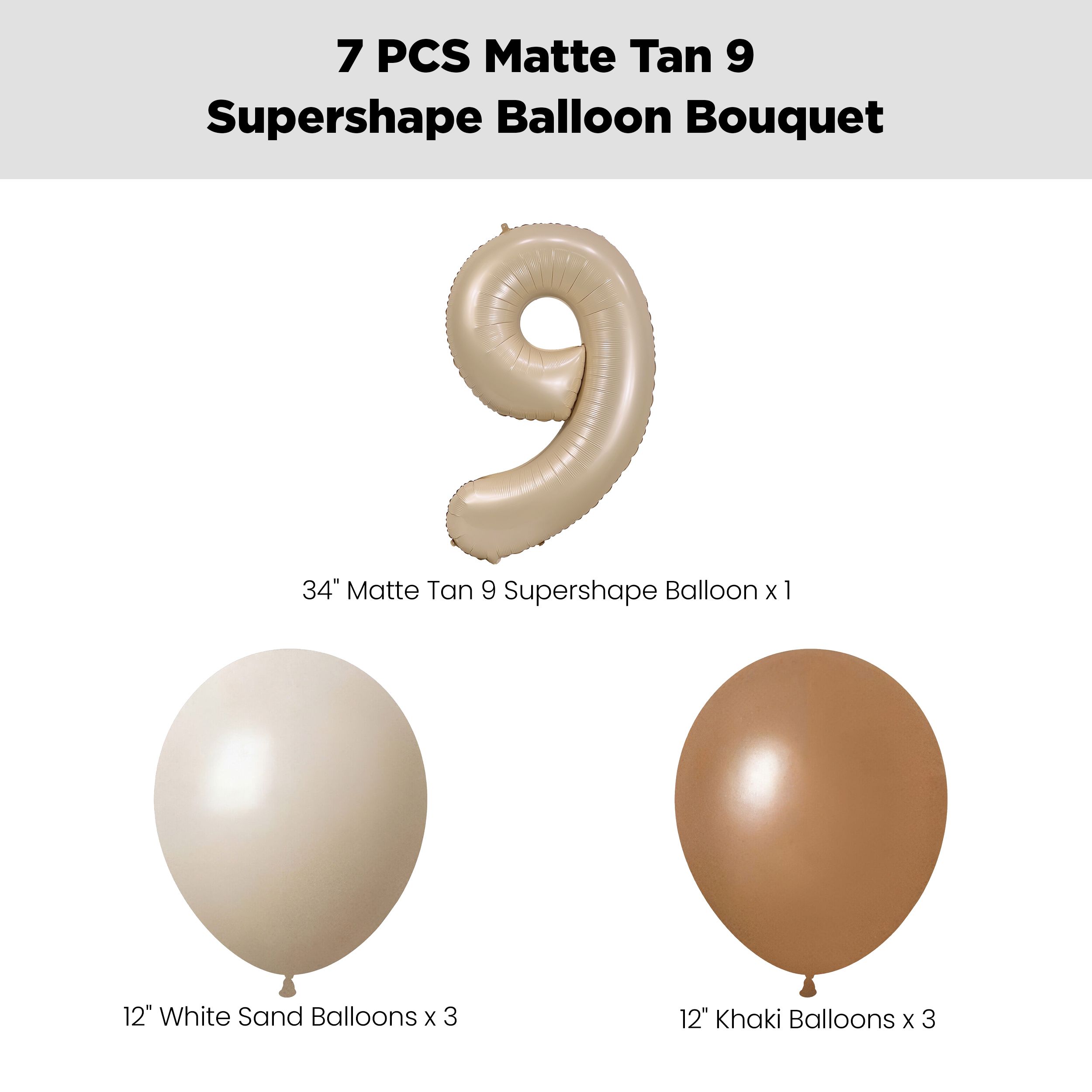Number 9 Matte Tan Supershape Balloon Bouquet with Latex Balloons, White Sand/Khaki/Chocolate Brown, 7-pk, Helium Inflation & Ribbon Included for Birthday/Special Occasion Front_Flat