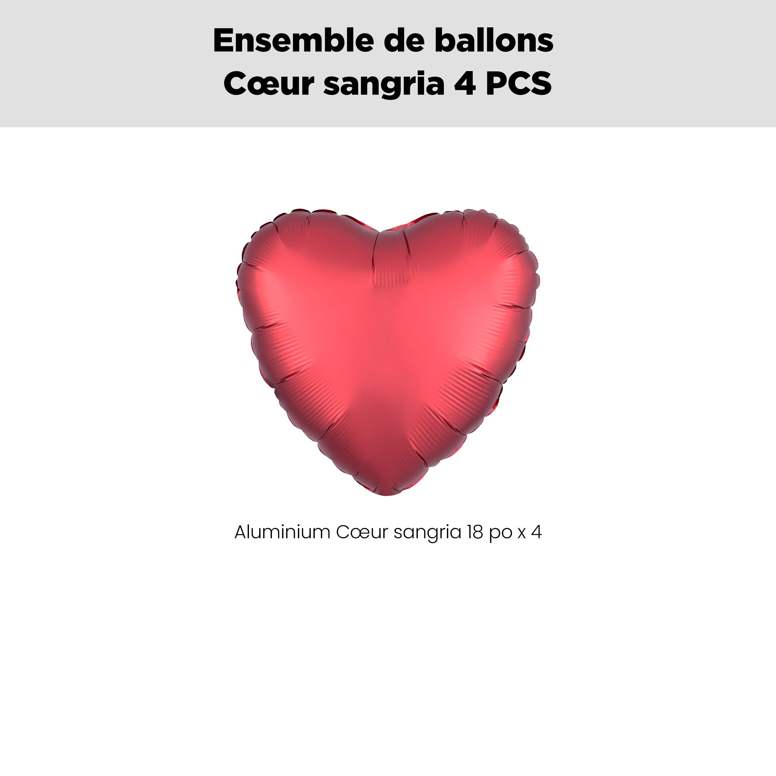 Bouquet de ballons en aluminium en forme de cœur, sangria, paq.&nbsp;4, gonflage à l'hélium et ruban inclus pour anniversaire ou occasion spéciale Front_Flat