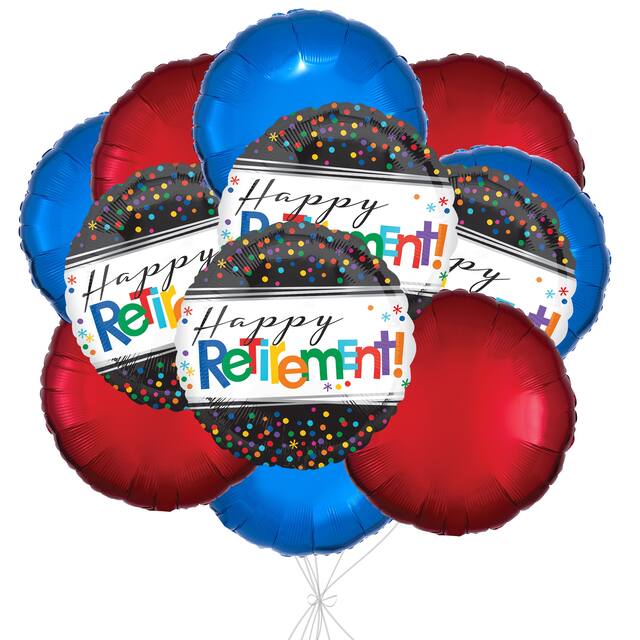 "Happy Retirement" Round Polka Dot Satin Foil Balloon Bouquet with Foil Balloons, Multi-Coloured, 12-pk, Helium Inflation & Ribbon Included Front_Flat