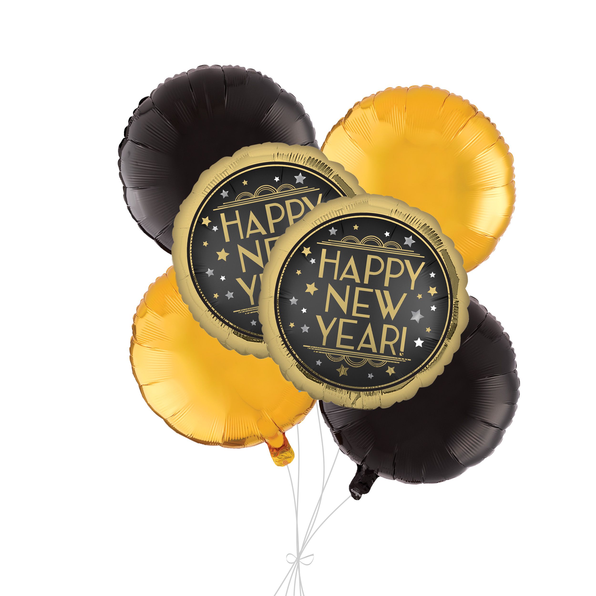 Bouquet de ballons ronds métalliques satinés Happy New Year avec ballons à effet métallique, doré/noir, paq. 6, gonflage à l’hélium et ruban inclus, pour veille du jour de l’An Front_Elevated