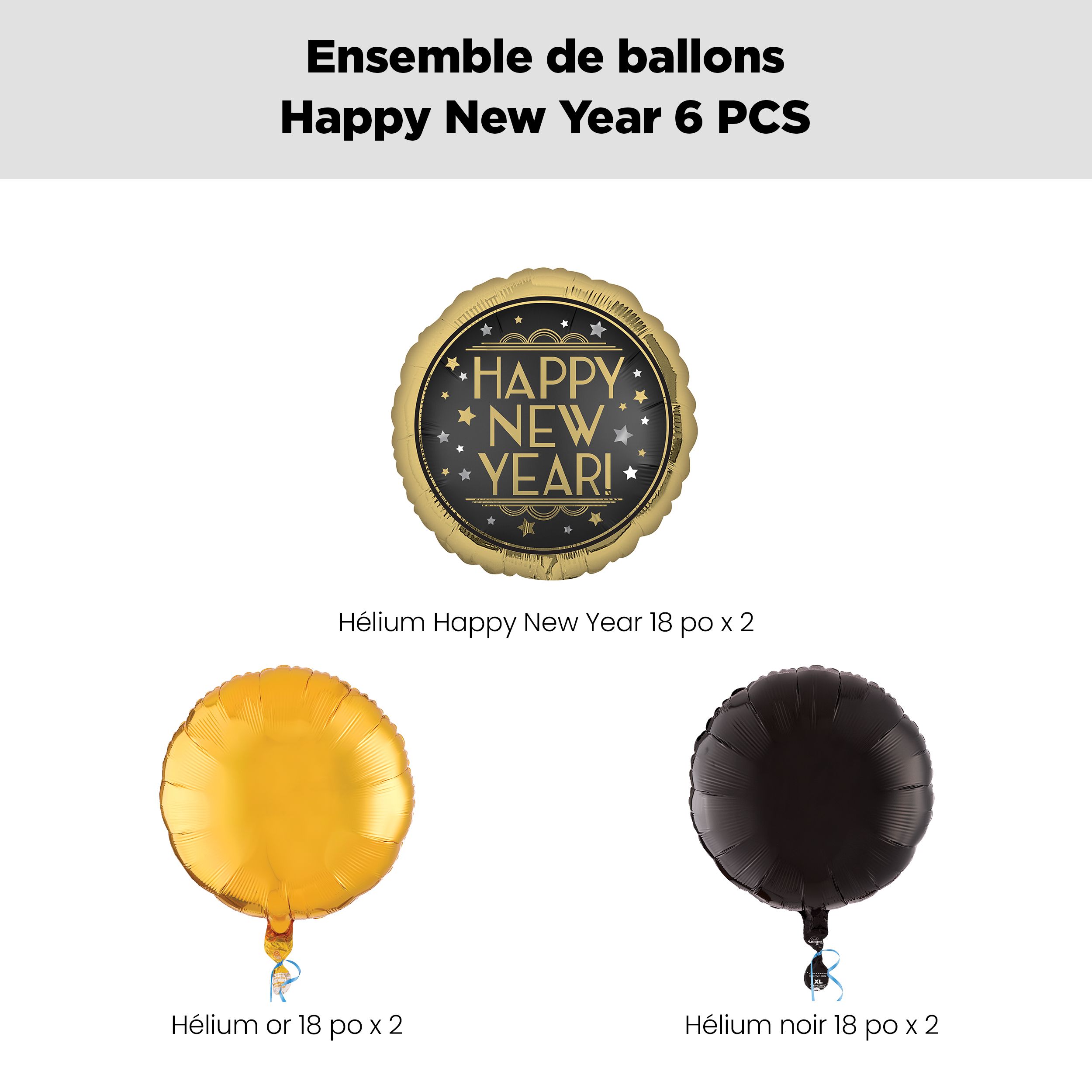 Bouquet de ballons ronds métalliques satinés Happy New Year avec ballons à effet métallique, doré/noir, paq. 6, gonflage à l’hélium et ruban inclus, pour veille du jour de l’An Front_Flat