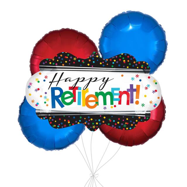 Bouquet de ballons géants standard de 18 po Happy Retirement avec ballons ronds métalliques rouges et bleus de 18 po, paq. 5, gonflage à l’hélium et ruban inclus Front_Flat