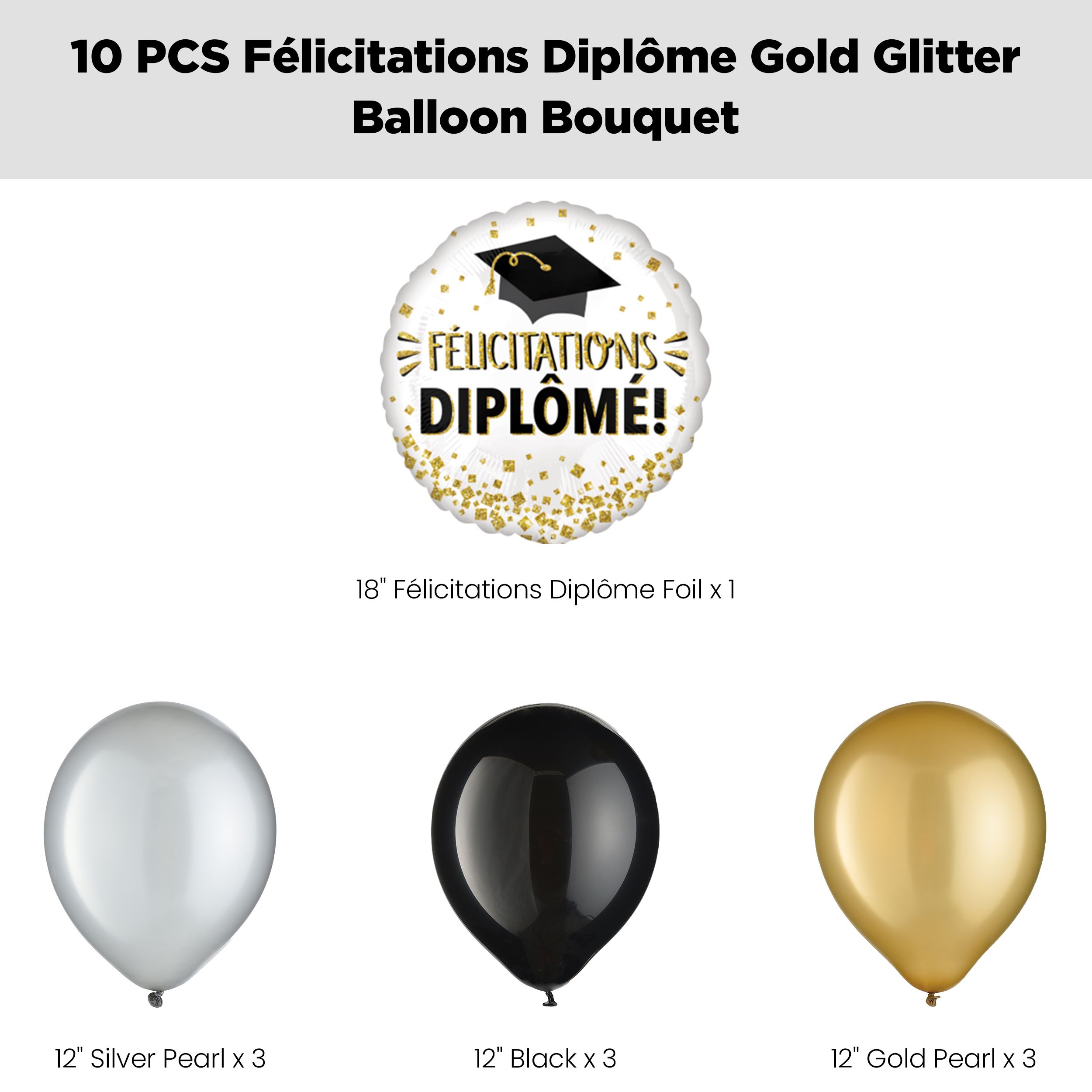 "Felicitations Diplome!" French Congratulations Grad! Glitter Balloon Bouquet with Latex Balloons, Black/Gold/Silver, 10-pk, Helium Inflation & Ribbon Included Front_Flat