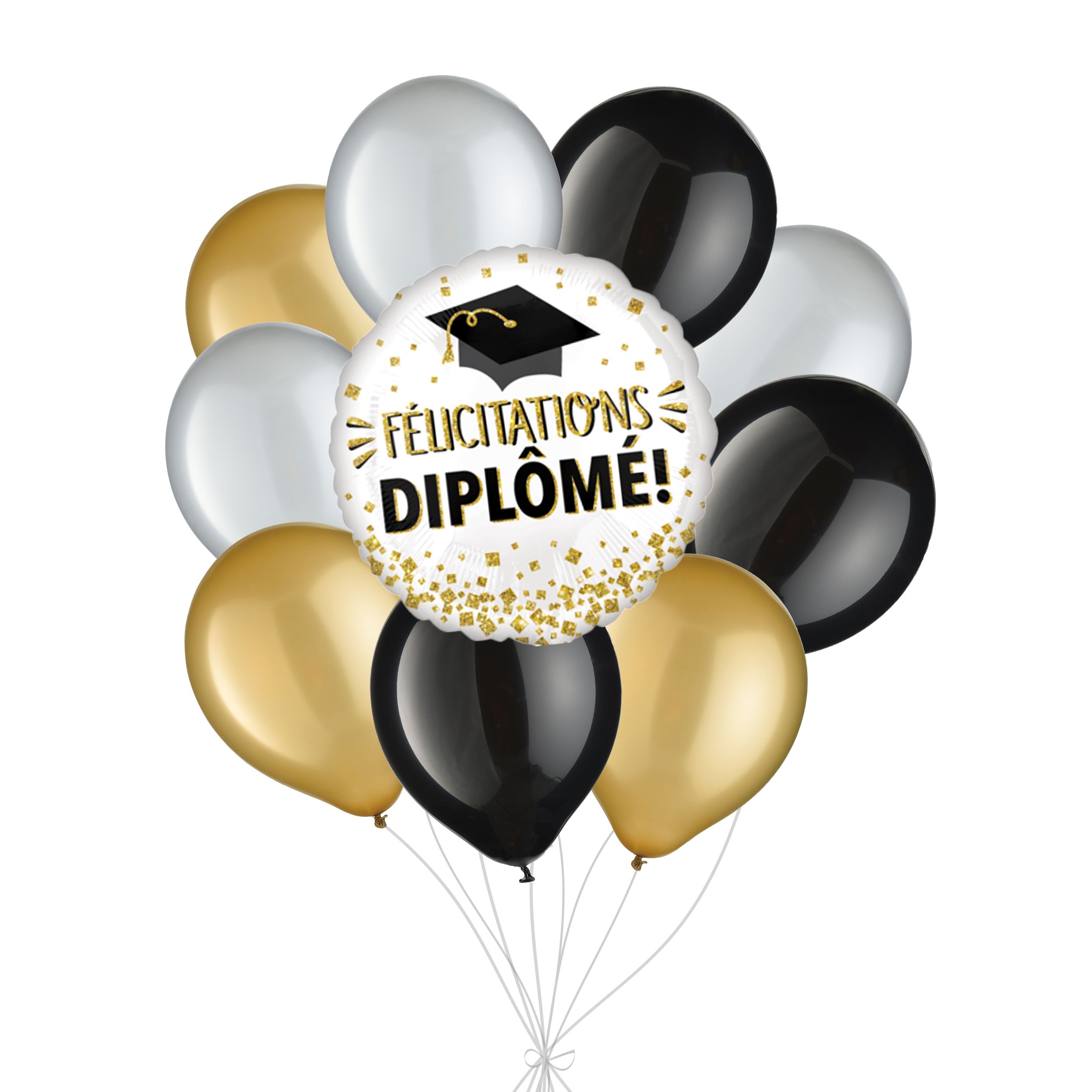 "Felicitations Diplome!" French Congratulations Grad! Glitter Balloon Bouquet with Latex Balloons, Black/Gold/Silver, 10-pk, Helium Inflation & Ribbon Included Front_Flat