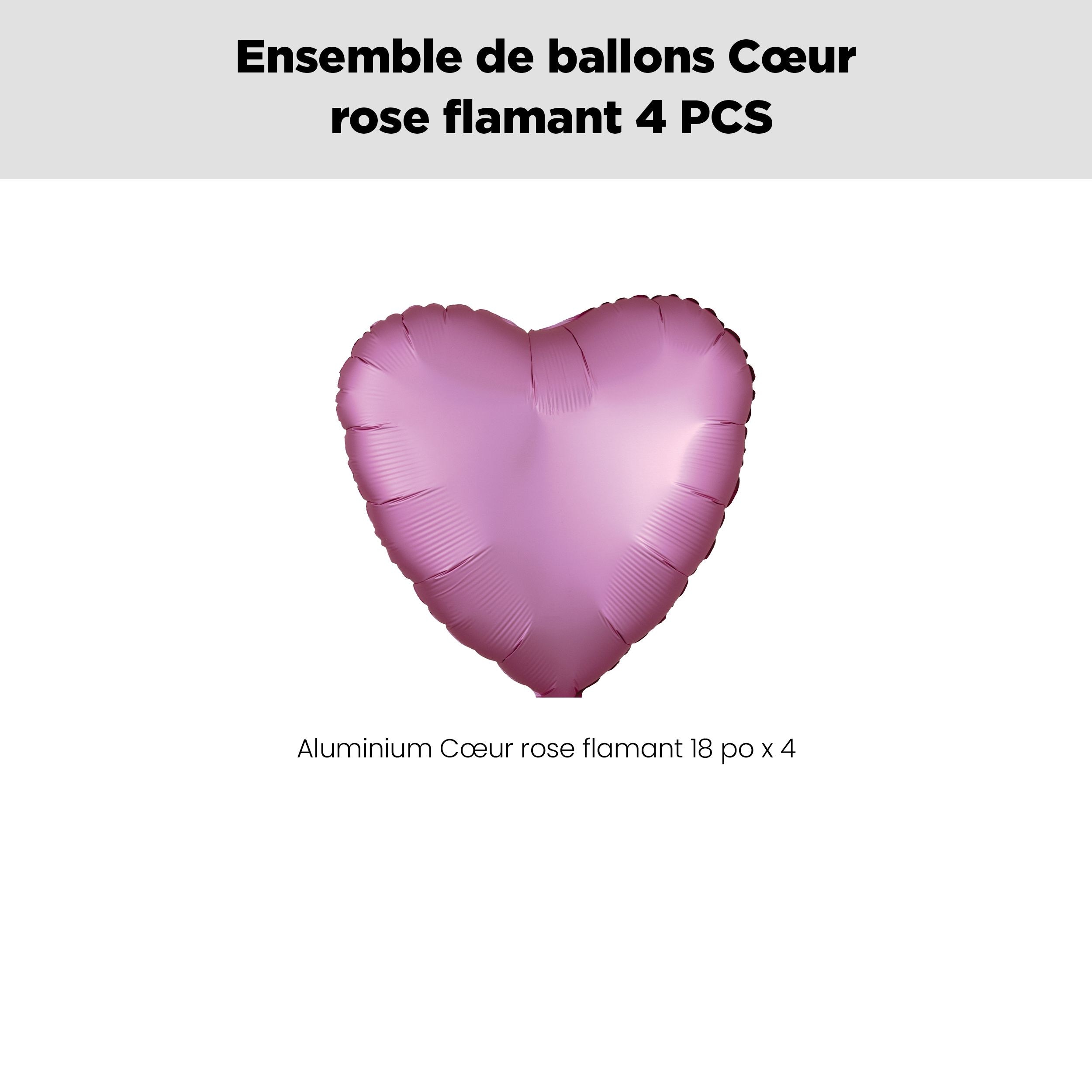 Bouquet de ballons rose flamant en aluminium en forme de cœur, paq.&nbsp;4, gonflage à l'hélium et ruban inclus pour anniversaire/occasion spéciale Front_Flat