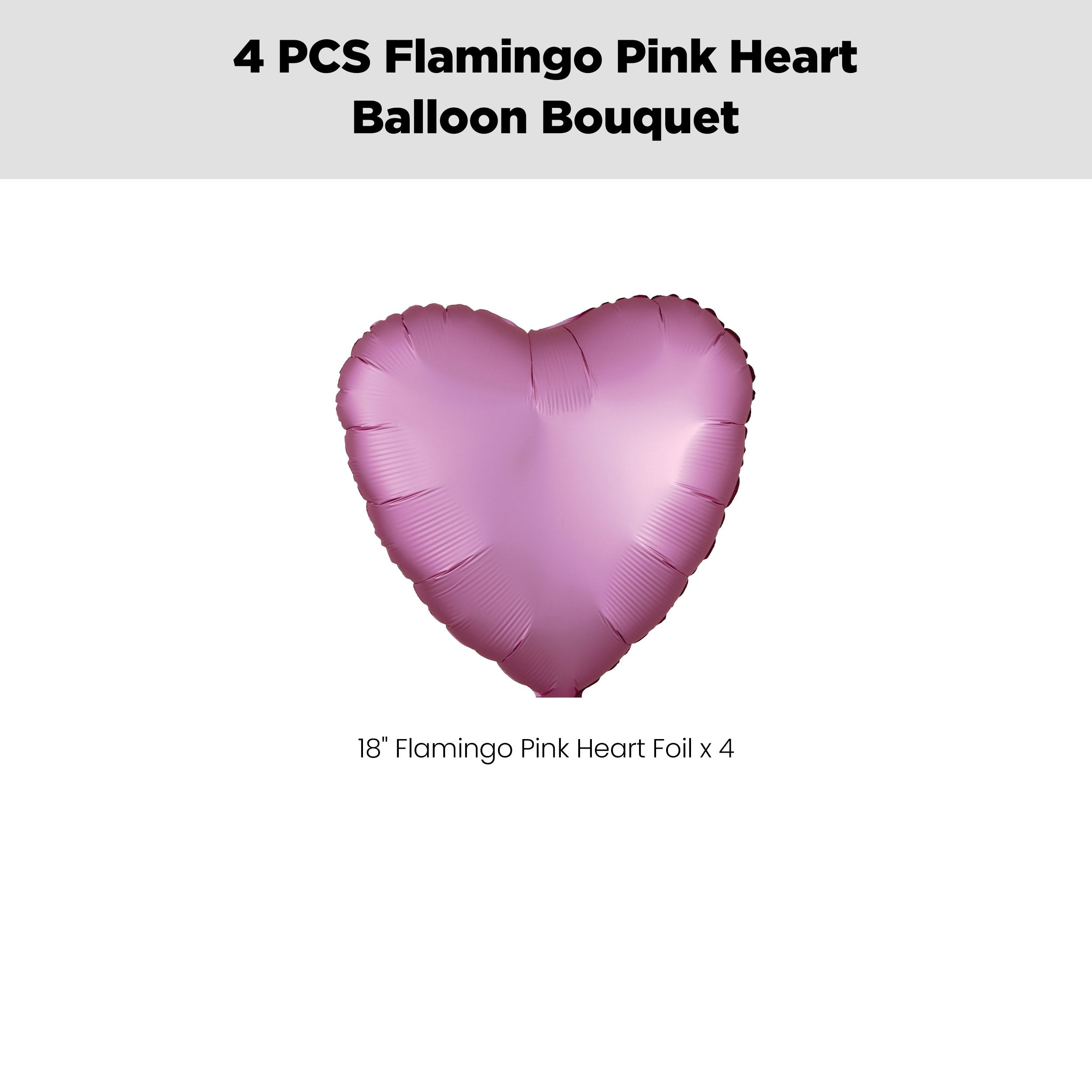 Heart Foil Balloon Bouquet, Flamingo Pink, 4-pk, Helium Inflation & Ribbon Included for Birthday/Special Occasion Front_Flat