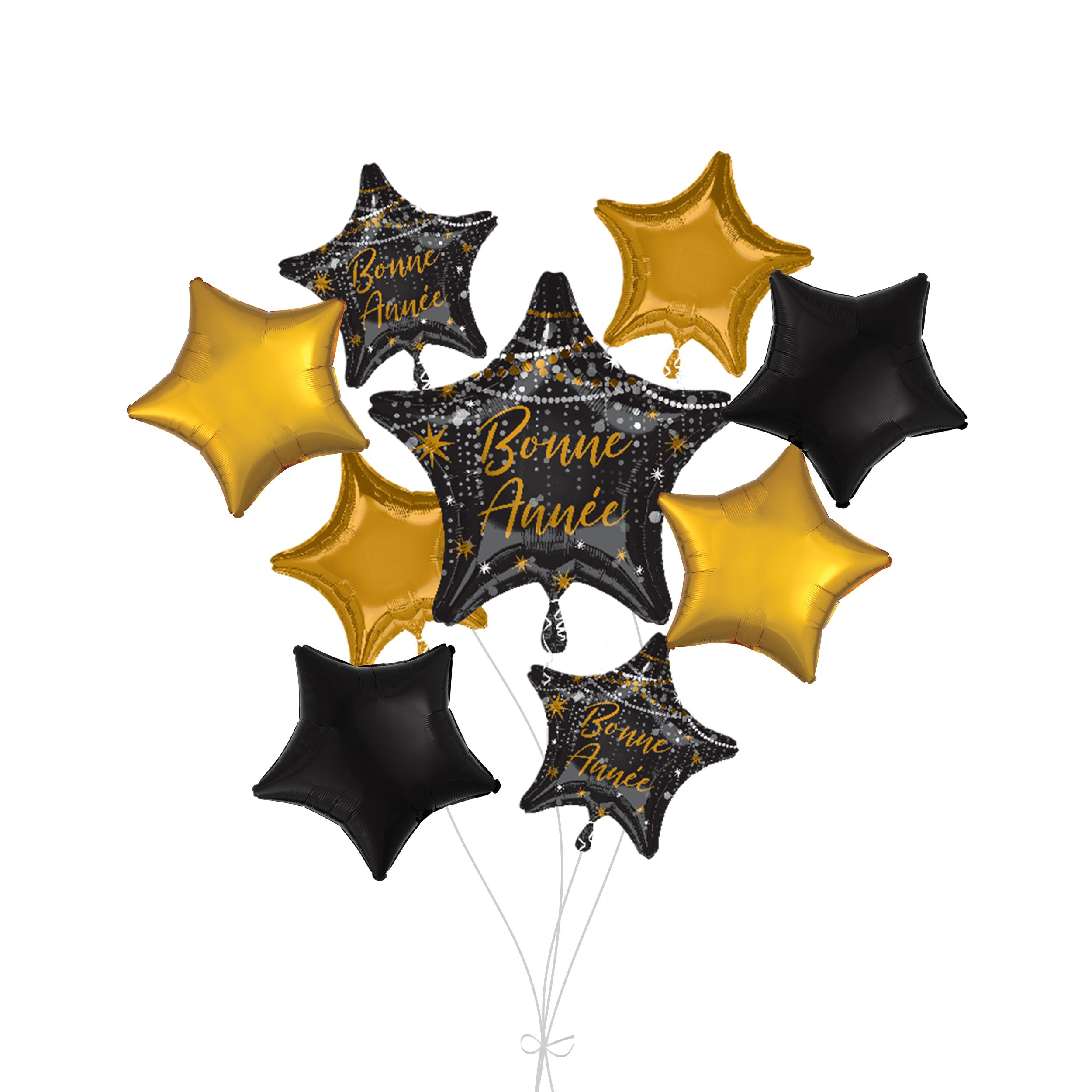 Bouquet de ballons métalliques satinés étoilés Bonne année avec ballons métalliques étoilés, noir/doré, paq. 9, gonflage à l’hélium et ruban inclus, pour veille du jour de l’An Front_Flat