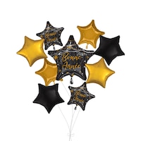 "Bonne Année" French Star Satin Foil Balloon Bouquet with Star Foil Balloons, Black/Gold, 9-pk, Helium Inflation & Ribbon Included for New Year's Eve Front_Flat