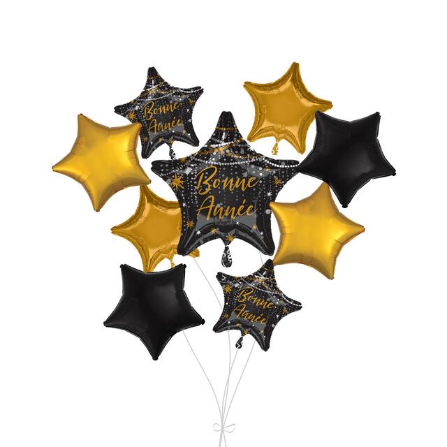 "Bonne Année" French Star Satin Foil Balloon Bouquet with Star Foil Balloons, Black/Gold, 9-pk, Helium Inflation & Ribbon Included for New Year's Eve Front_Flat