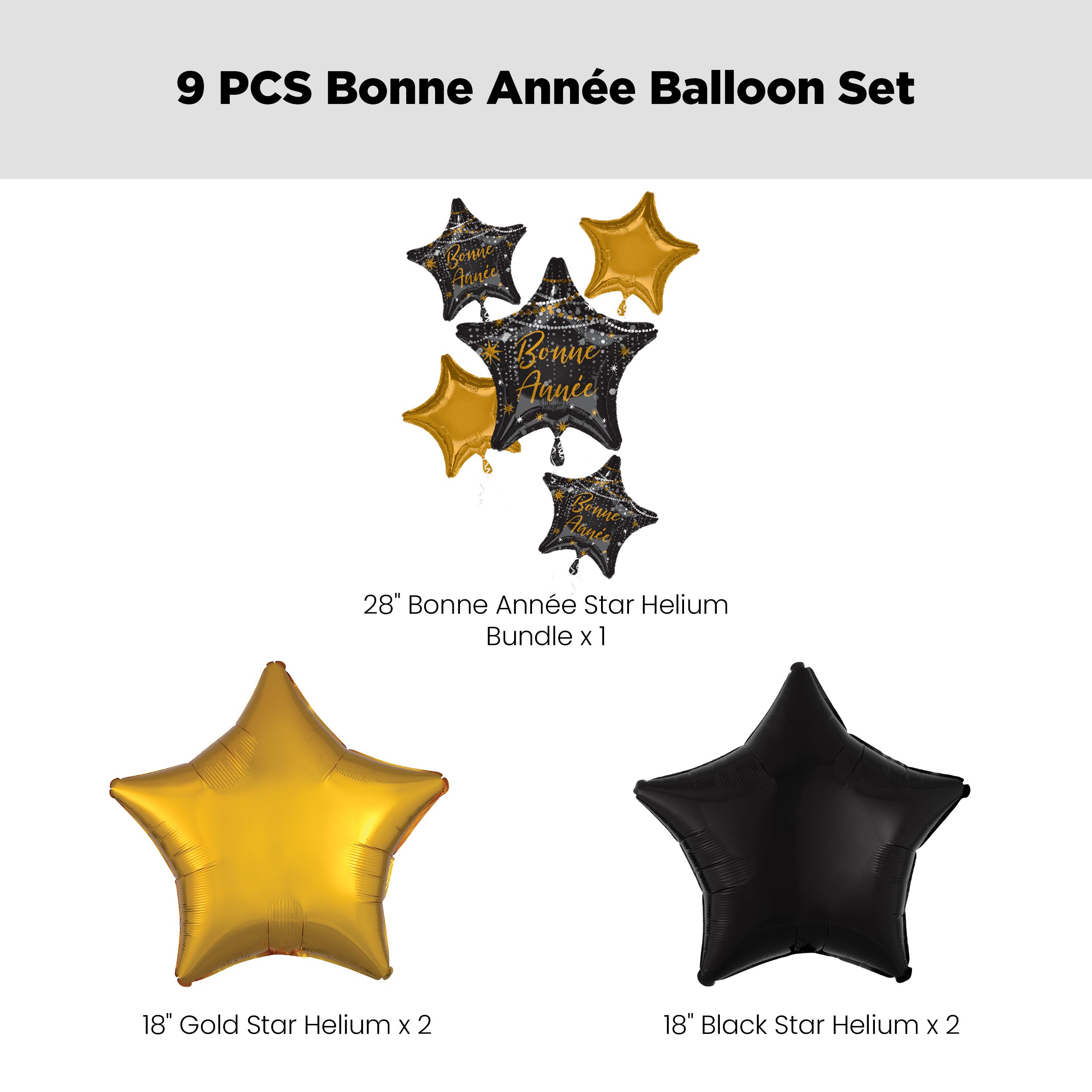 "Bonne Année" French Star Satin Foil Balloon Bouquet with Star Foil Balloons, Black/Gold, 9-pk, Helium Inflation & Ribbon Included for New Year's Eve Front_Flat