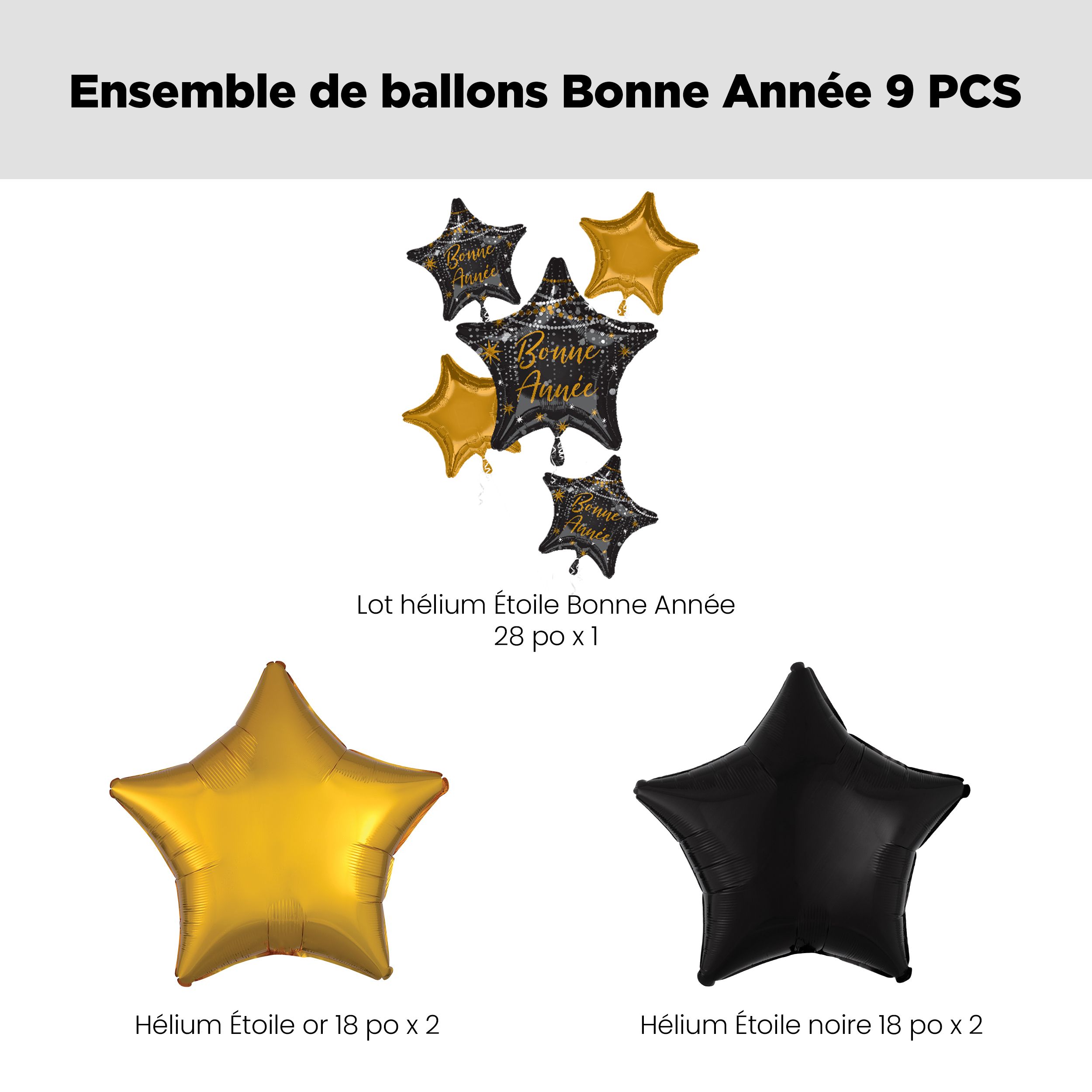 Bouquet de ballons métalliques satinés étoilés Bonne année avec ballons métalliques étoilés, noir/doré, paq. 9, gonflage à l’hélium et ruban inclus, pour veille du jour de l’An Front_Flat