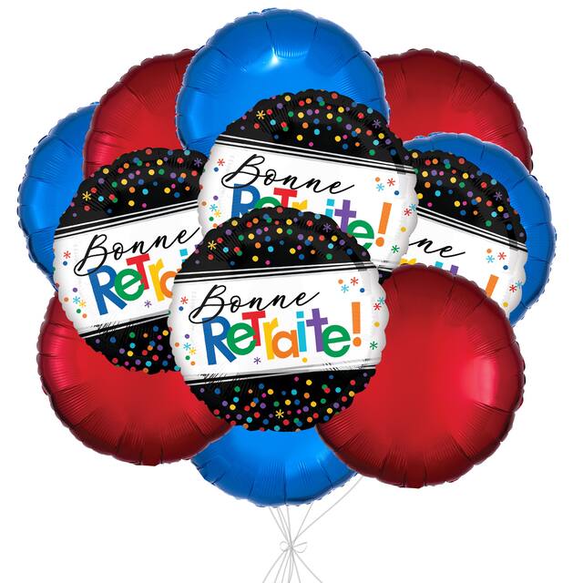 Bouquet de ballons métalliques satinés ronds Bonne retraite avec ballons métalliques, multicolore, paq. 12, gonflage à l’hélium et ruban inclus, pour départ à la retraite Front_Flat