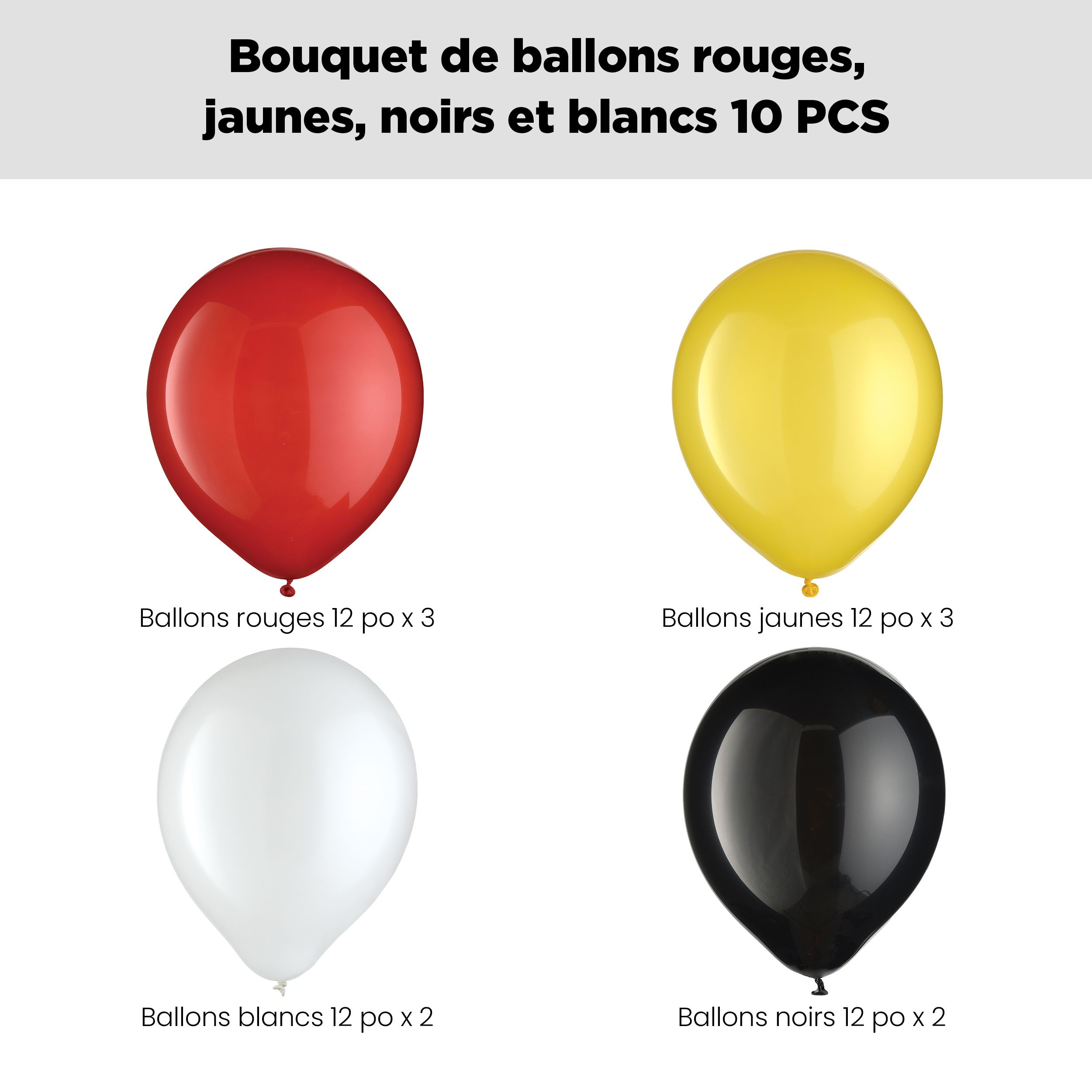 Bouquet de ballons ronds en latex, rouge, jaune, noir et blanc, 10 pce, gonflage à l’hélium et ruban compris Front_Flat
