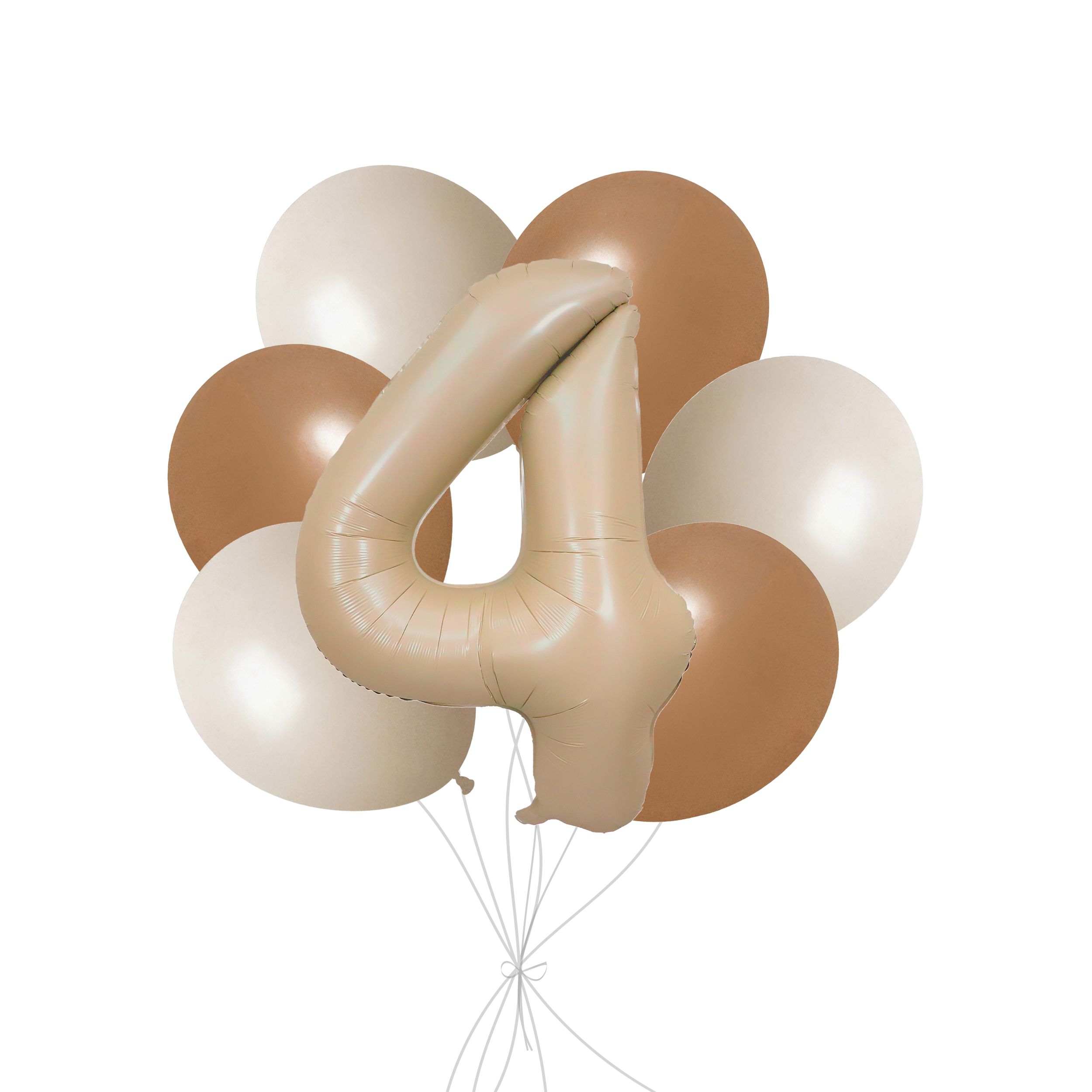 Bouquet de ballons avec ballon Supershape en forme du chiffre&nbsp;4, havane mat, et ballons en latex, sable blanc, kaki et brun chocolat, paq. 7, gonflage à l’hélium et ruban compris, pour anniversaire/occasion spéciale Front_Flat