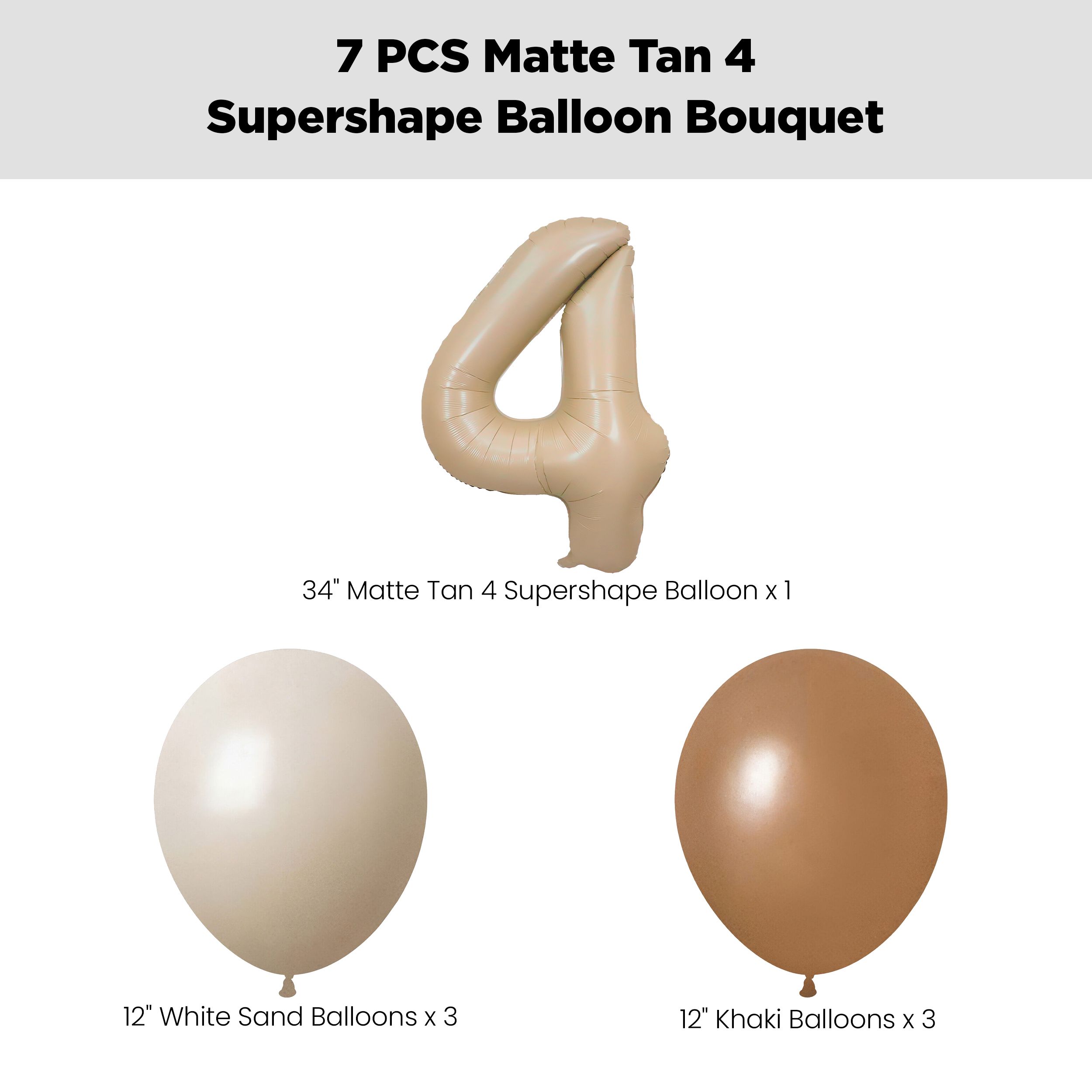 Number 4 Matte Tan Supershape Balloon Bouquet with Latex Balloons, White Sand/Khaki/Chocolate Brown, 7-pk, Helium Inflation & Ribbon Included for Birthday/Special Occasion Front_Flat