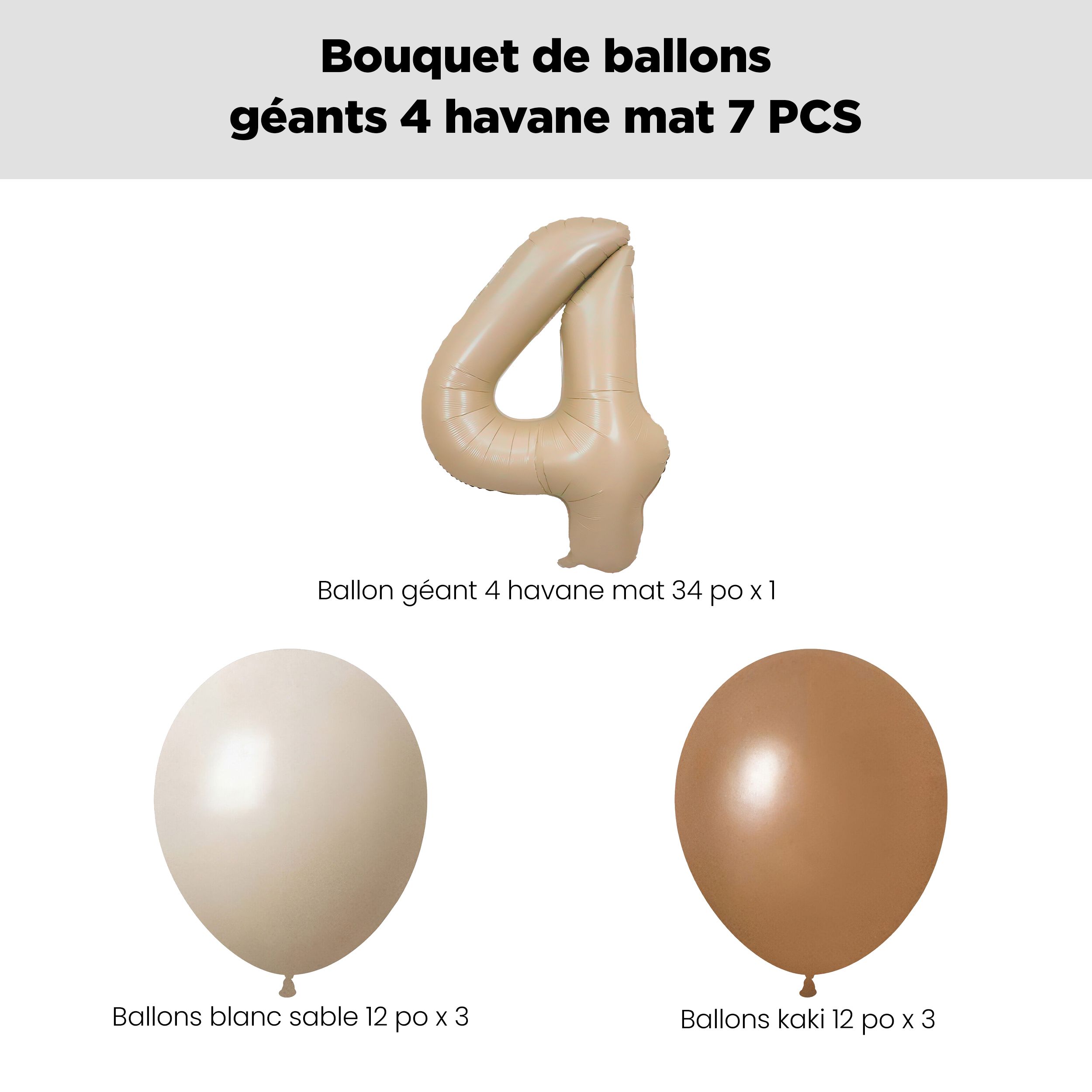 Bouquet de ballons avec ballon Supershape en forme du chiffre&nbsp;4, havane mat, et ballons en latex, sable blanc, kaki et brun chocolat, paq. 7, gonflage à l’hélium et ruban compris, pour anniversaire/occasion spéciale Front_Flat
