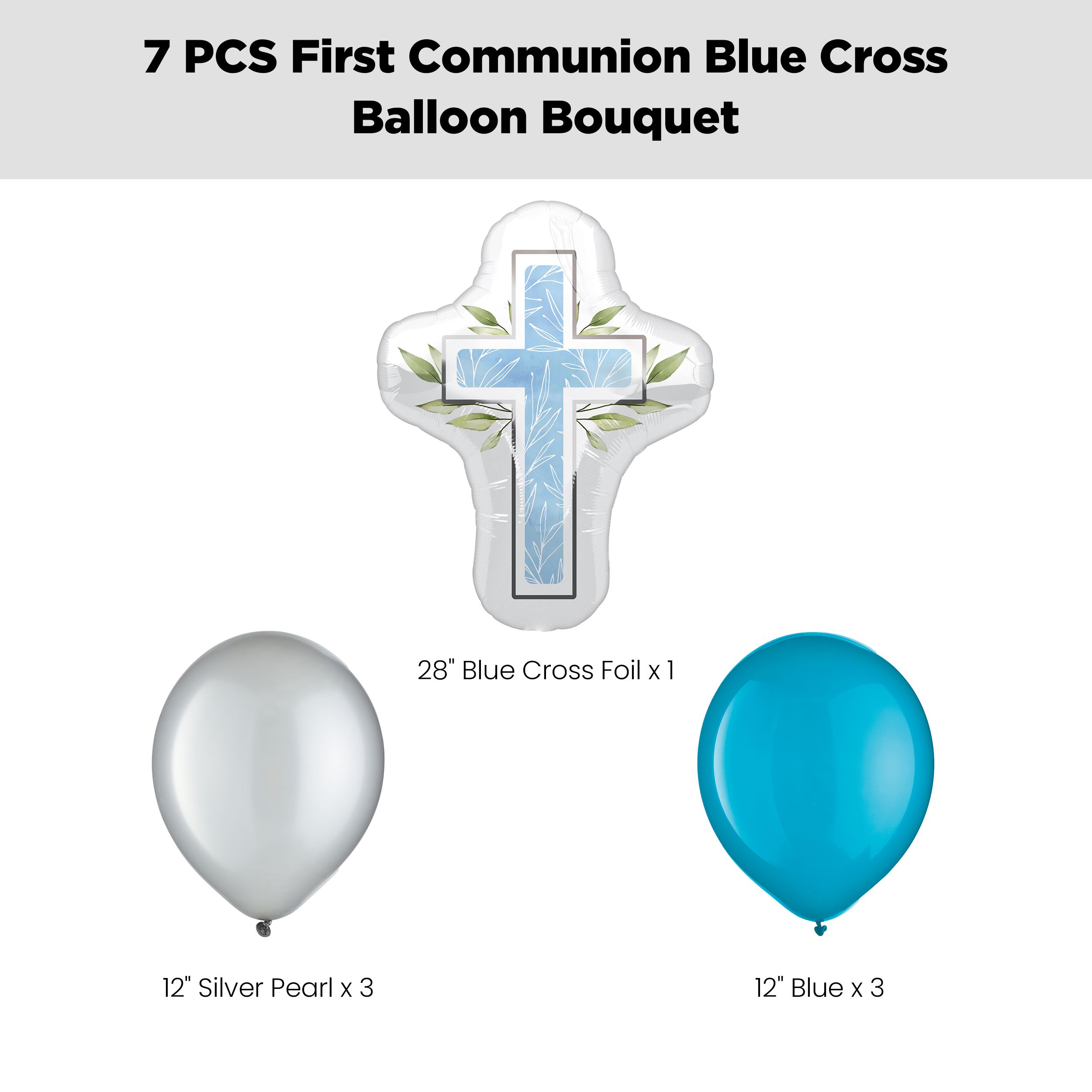 First Communion Blue Cross Supershape Balloon Bouquet with Latex Balloons, Silver/Blue, 7-pk, Helium Inflation & Ribbon Included Front_Flat