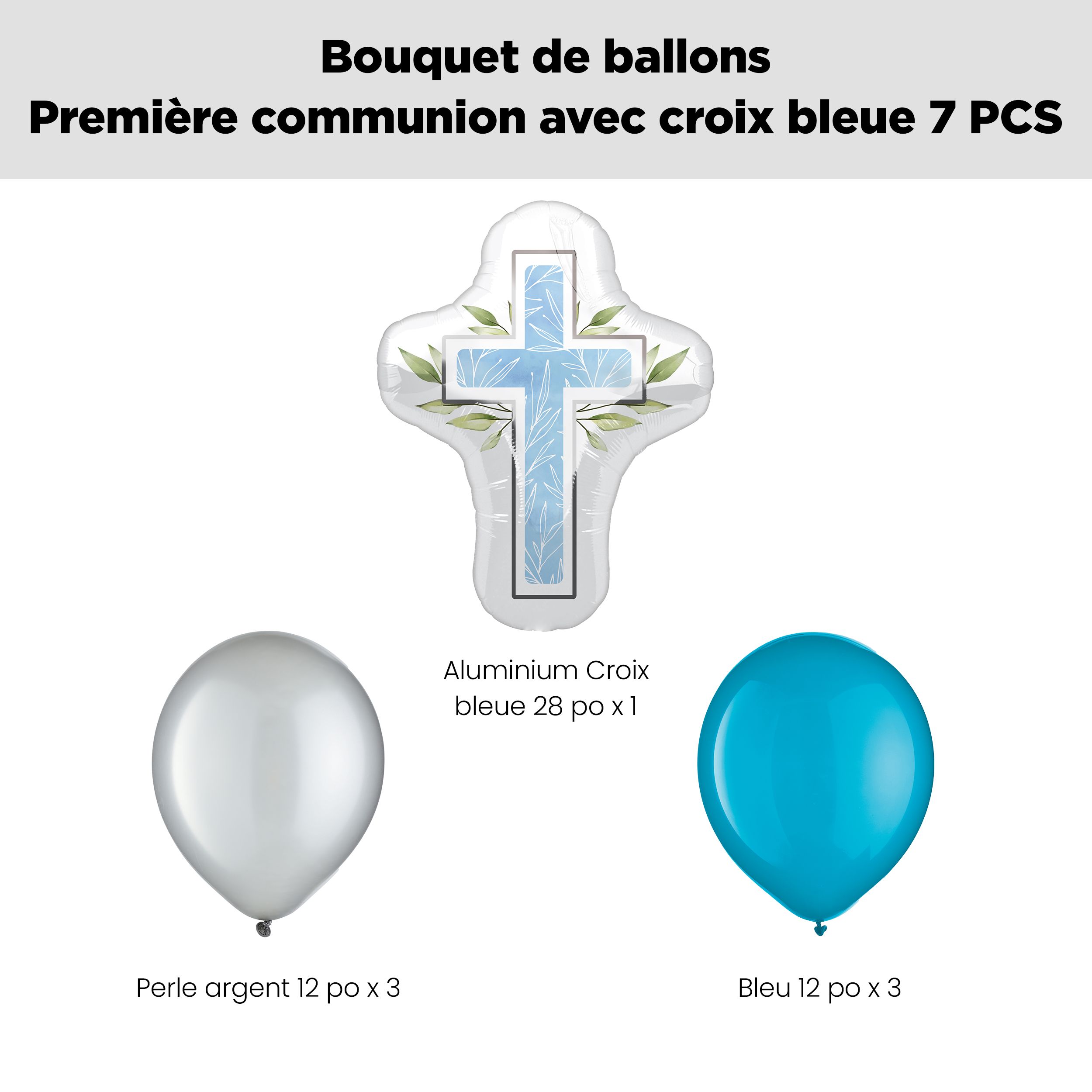 Bouquet de ballons en forme super de première communion en forme de croix bleue avec ballons en latex argentés et bleus, paq. 7, gonflage à l’hélium et ruban inclus Front_Flat