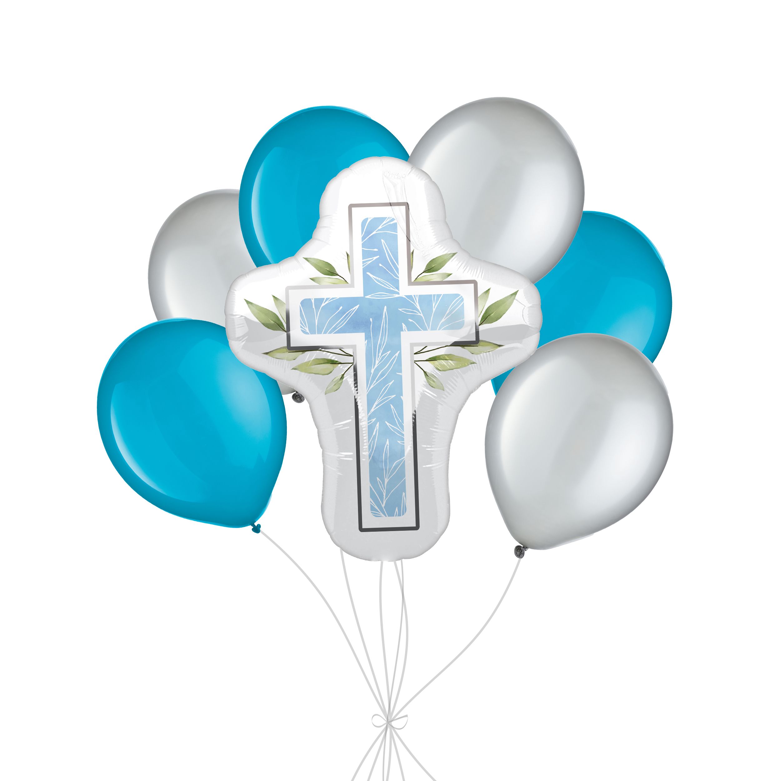 First Communion Blue Cross Supershape Balloon Bouquet with Latex Balloons, Silver/Blue, 7-pk, Helium Inflation & Ribbon Included Front_Flat