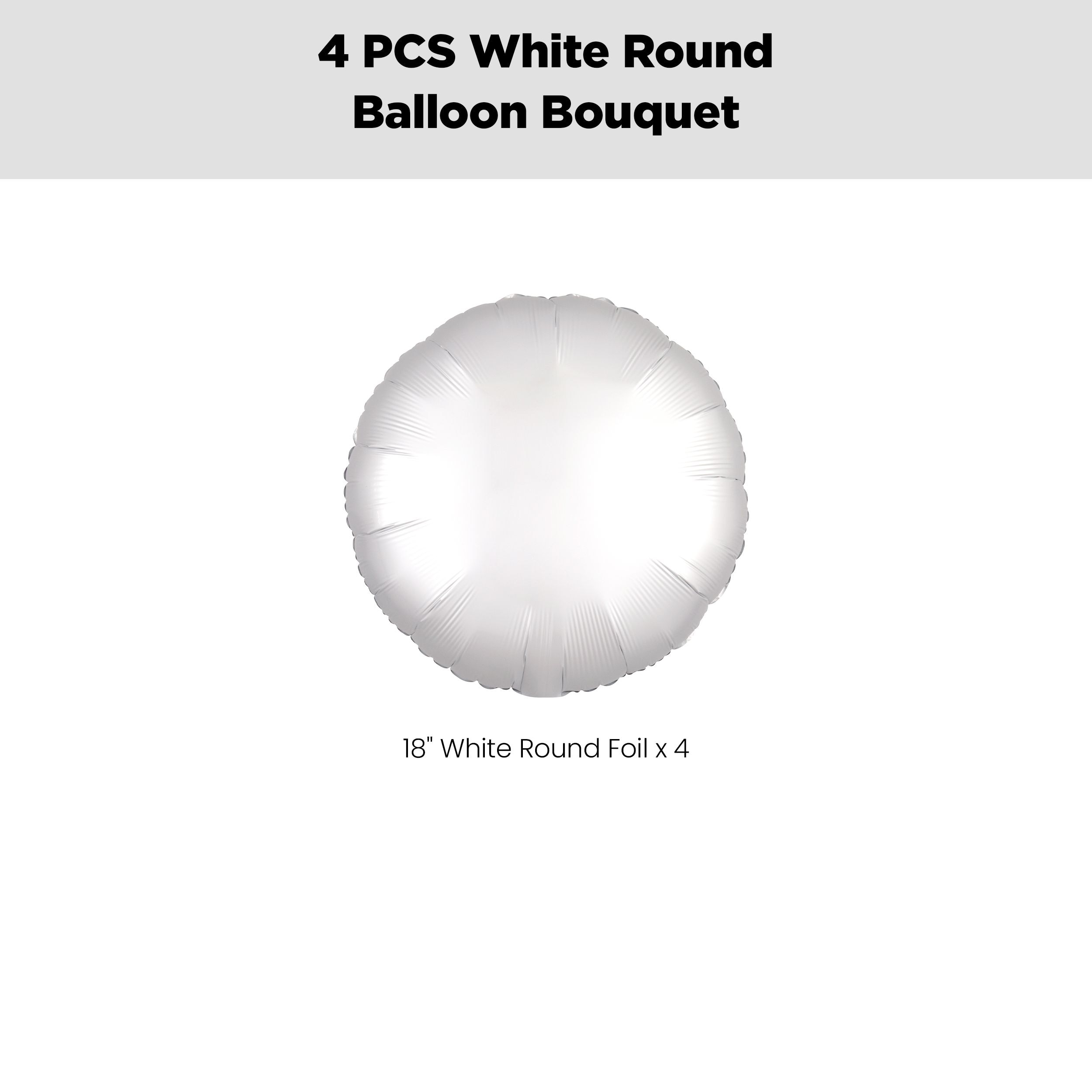 Round Foil Balloon Bouquet, White, 4-pk, Helium Inflation & Ribbon Included for Birthday/Special Occasion Front_Flat