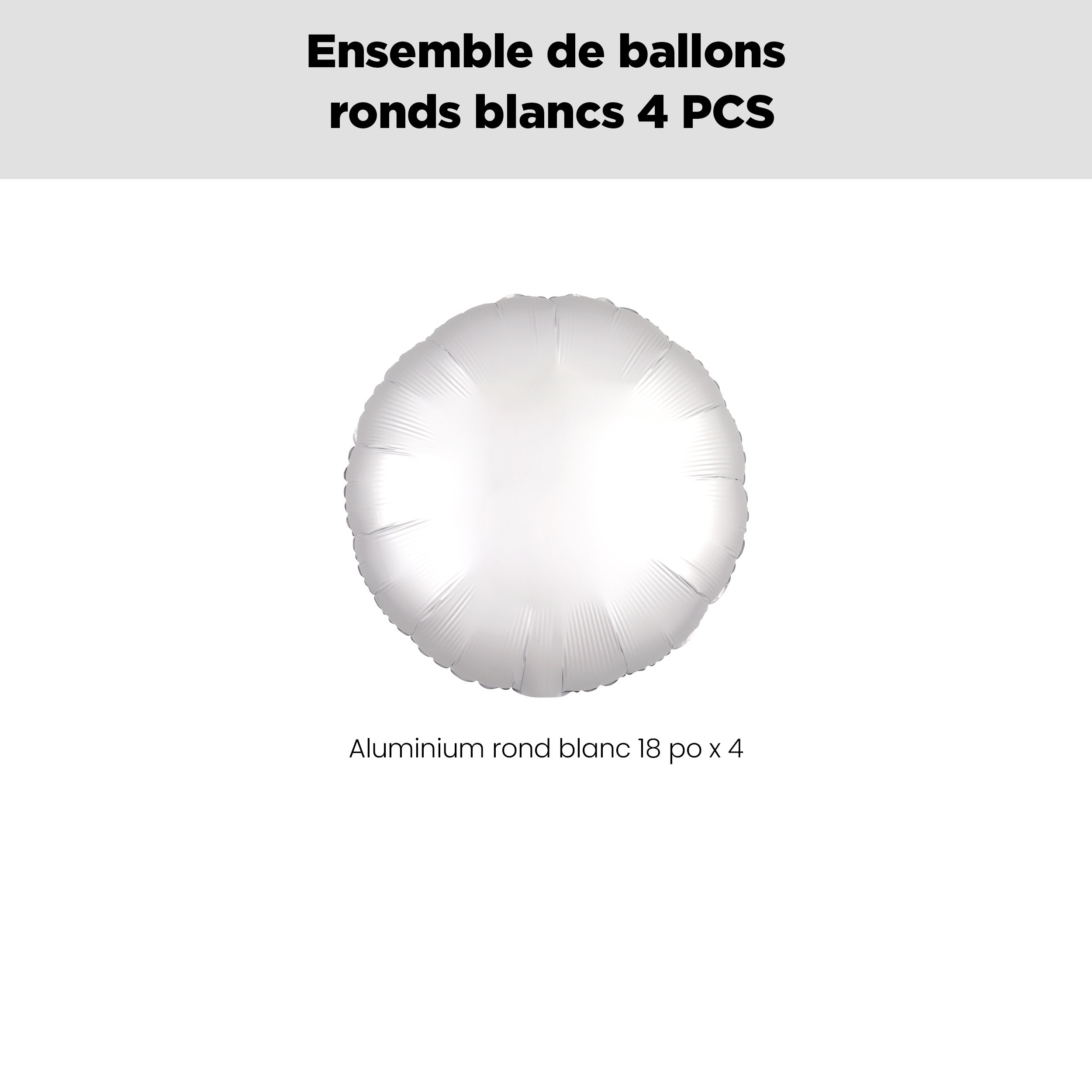 Bouquet de ballons en aluminium de forme ronde, blanc, paq.&nbsp;4, gonflage à l'hélium et ruban inclus pour anniversaire ou occasion spéciale Front_Flat