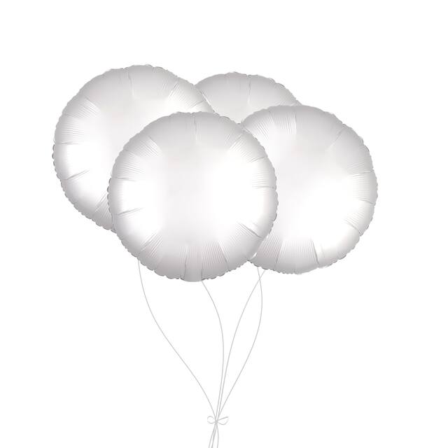 Bouquet de ballons en aluminium de forme ronde, blanc, paq.&nbsp;4, gonflage à l'hélium et ruban inclus pour anniversaire ou occasion spéciale Front_Flat