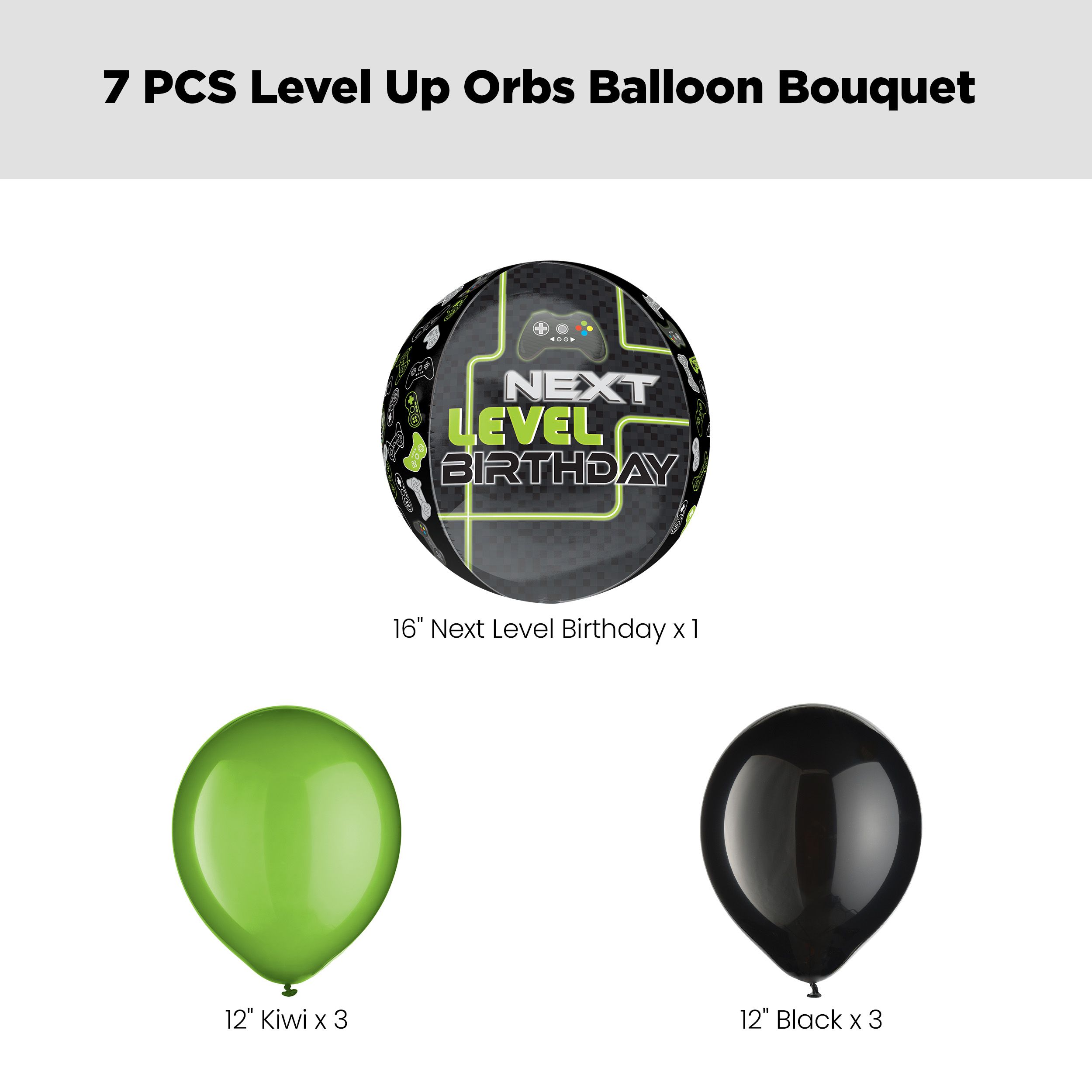 “Next Level Birthday" Orbz Balloon Bouquet with Latex Balloons, Kiwi/Black, 7-pk, Helium Inflation & Ribbon Included for Kids’ Birthday Front_Flat