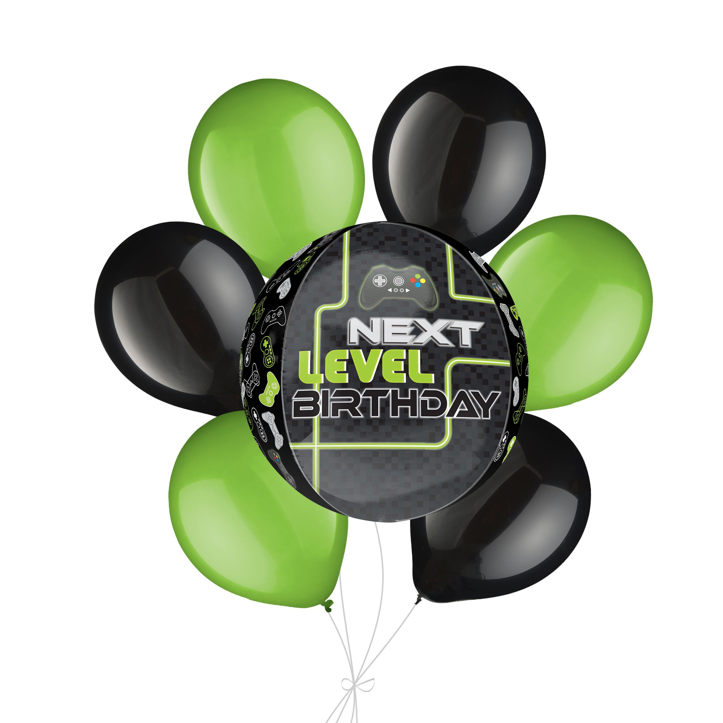 Bouquet de ballon Orbz Next Level Birthday avec ballons en latex kiwi et noirs, 7 pièces, gonflement à l’hélium et ruban inclus, pour fête d’anniversaire d’enfant Front_Flat