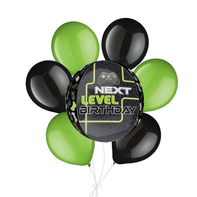 “Next Level Birthday" Orbz Balloon Bouquet with Latex Balloons, Kiwi/Black, 7-pk, Helium Inflation & Ribbon Included for Kids’ Birthday Front_Flat
