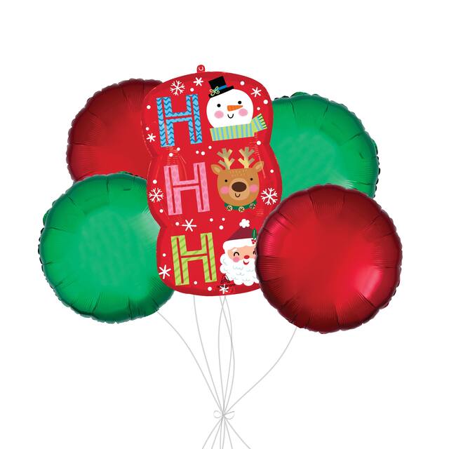 “Ho Ho Ho” Supershape Balloon Bouquet with Round Foil Balloons, Red/Green, 5-pk, Helium Inflation & Ribbon Included for Christmas Front_Flat