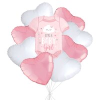 It’s a Baby Girl. Onesie Supershape Balloon Bouquet with Heart Foil Balloons, Pink/White, 9-pk, Helium Inflation & Ribbon Included for Baby Shower Front_Flat